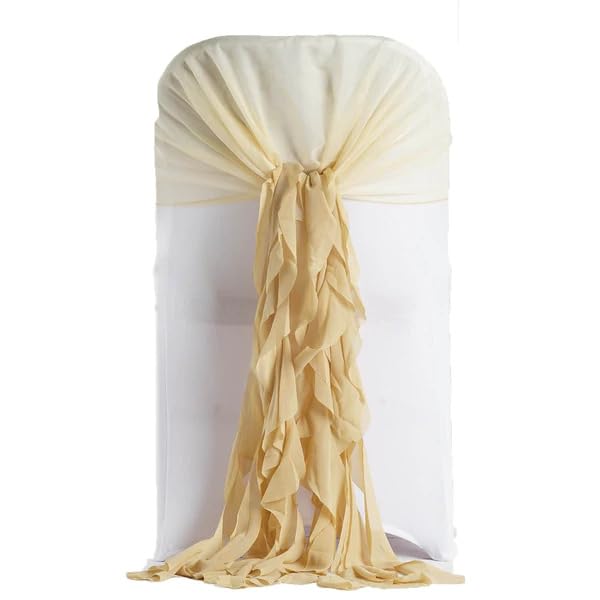 50 Premium Champagne Curly Chiffon Chair Covers with Sashes - Elegant Wedding, Party & Reception Decorations for Ceremonies, Banquets & Special Events