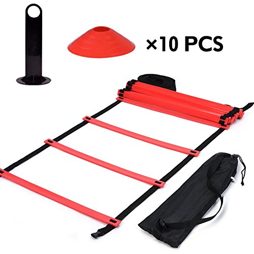 Jadpes Speed & Agility Training Kit - 19ft Agility Ladder + 10 Disc Cones for Soccer, Football, Kids Sports, Field Drills | Portable Athletic Equipment for Footwork, Fitness & Coordination Practice (Red) - Perfect for Backyard Training, School PE Classes & Team Sports Practice