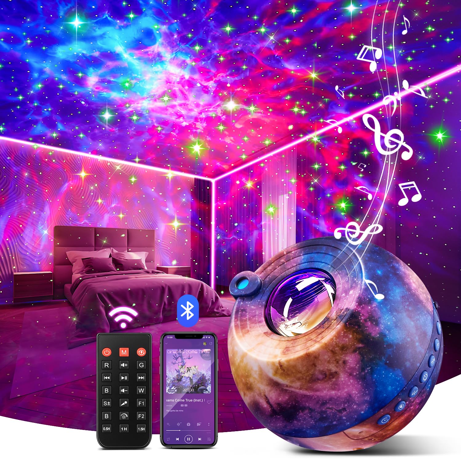 Galaxy Projector for Bedroom Adults - 30 Color Changing LED Star Projector with Bluetooth & White Noise | Galaxy Night Light for Ceiling, Meditation, Kids Room & Home Theater Decor