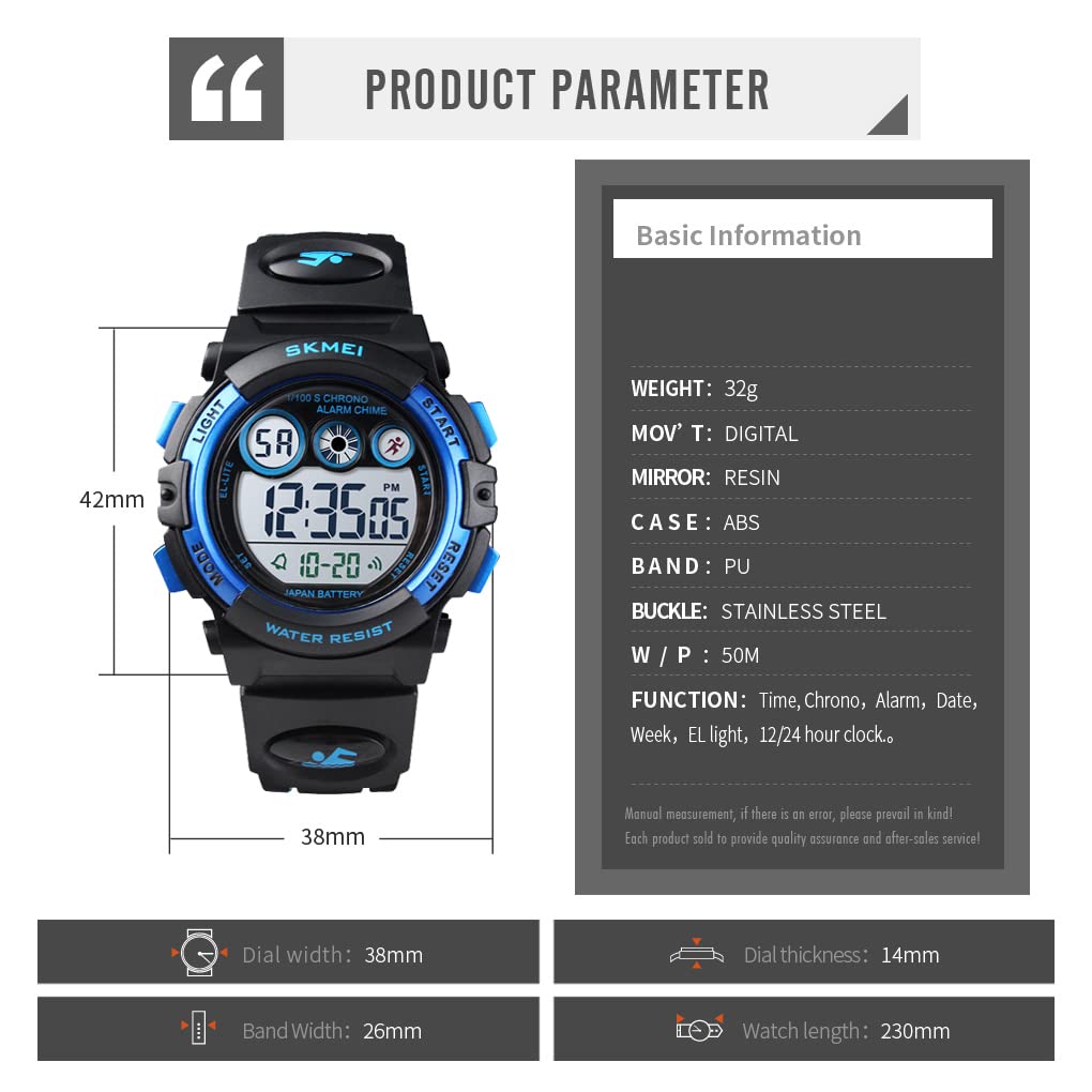 Digital Sports Watch for Boys & Girls - Waterproof Kids Wristwatch with Alarm, Stopwatch, 12/24H Time & Calendar - Perfect for Outdoor Activities, Swimming & School (Ages 3-15)