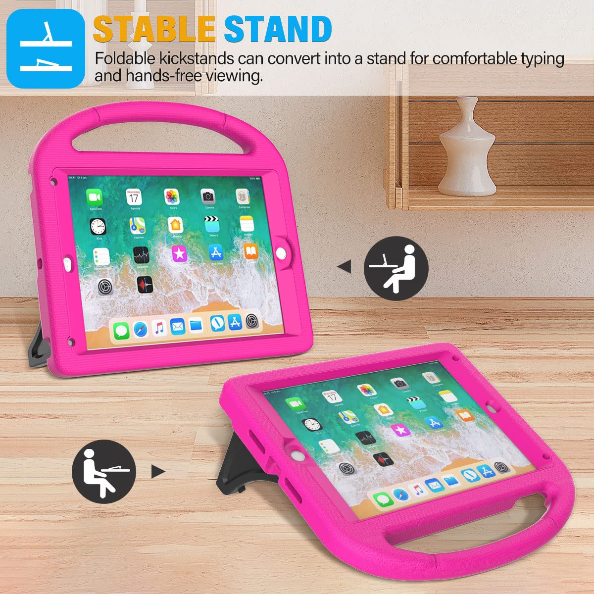 SUPLIK Kids Protective Case for iPad 5th/6th Generation (9.7 inch, 2017/2018), iPad Air 1/2 & iPad Pro 9.7 - Shockproof Cover with Built-in Screen Protector & Handle Stand - Perfect for School, Travel & Home Use (Pink)