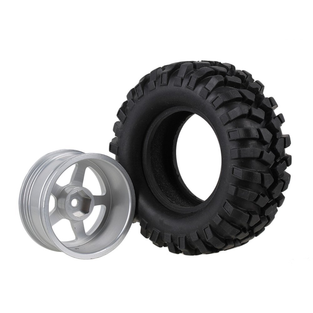 96mm 1/10 Scale RC Tires & 5-Spoke Aluminum Alloy Wheels Rims for SCX10 D90 Rock Crawler - Silver | Off-Road RC Car Upgrades for Trail Crawling & Scale Adventures