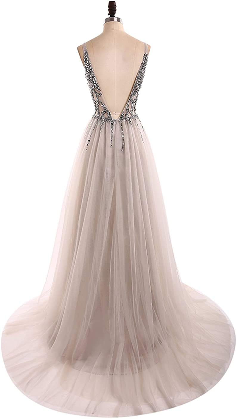 Sexy Deep V Neck Prom Dresses with Sequins & Beads - Elegant Tulle and Lace Long Evening Gown with High Slit for Wedding, Bridal Party, and Formal Events
