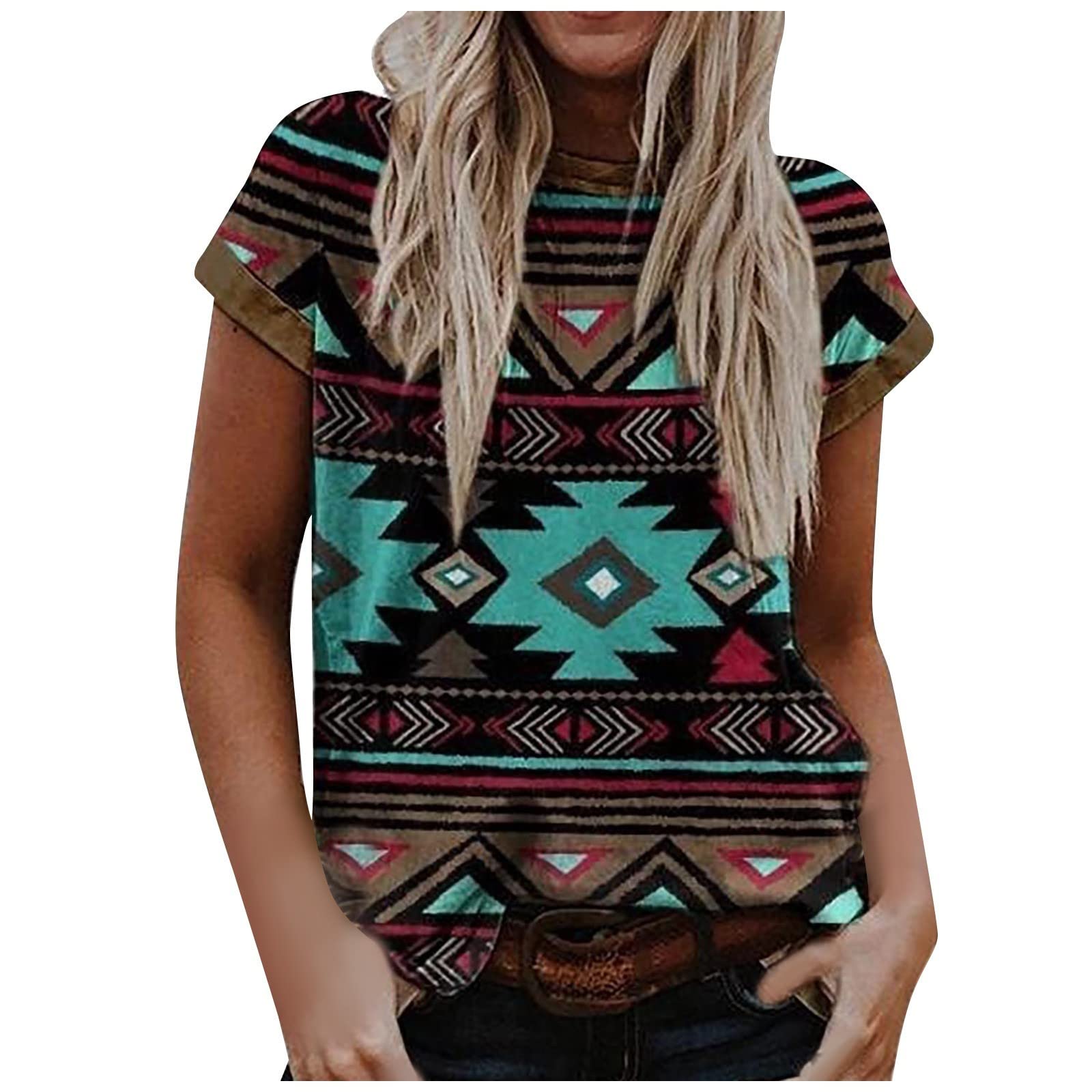 UODSVP Women's Casual Short Sleeve Blouses - Summer Western Print Tops for Outdoors