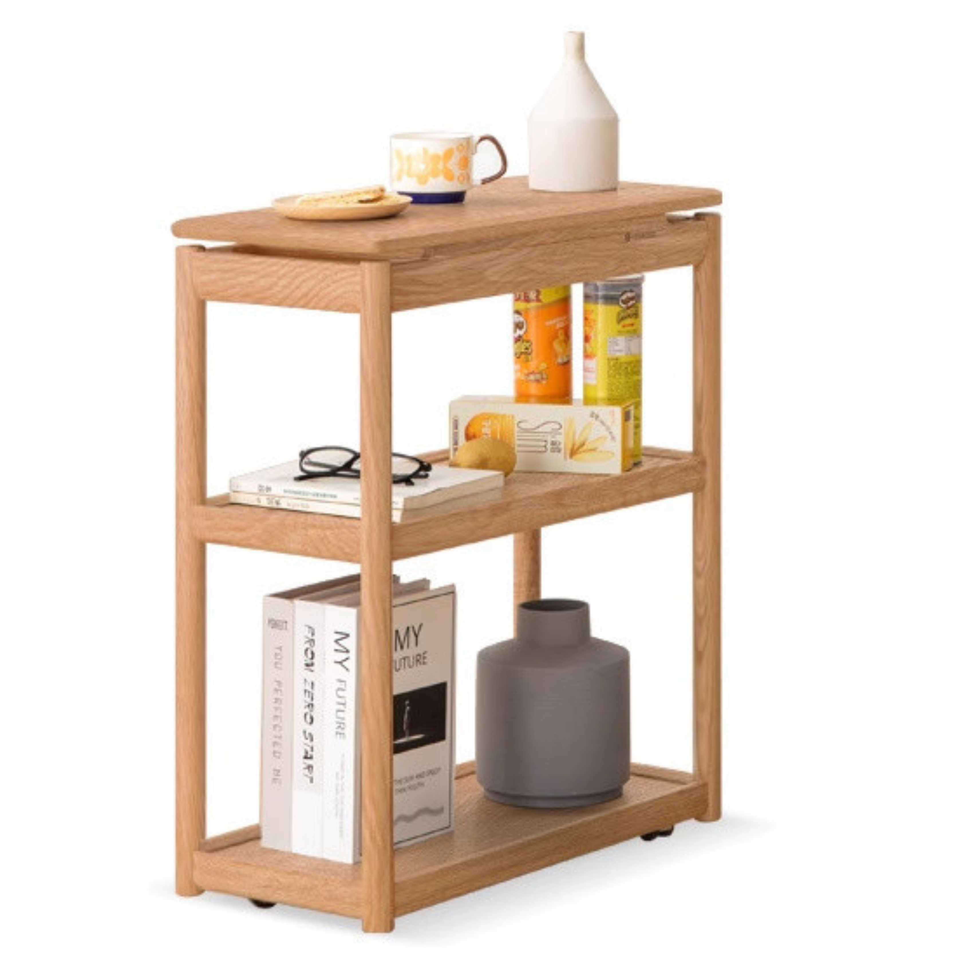 Solid Oak and Ash Wood Mobile Side Table - Portable End Table for Living Room, Bedroom, or Outdoor Use