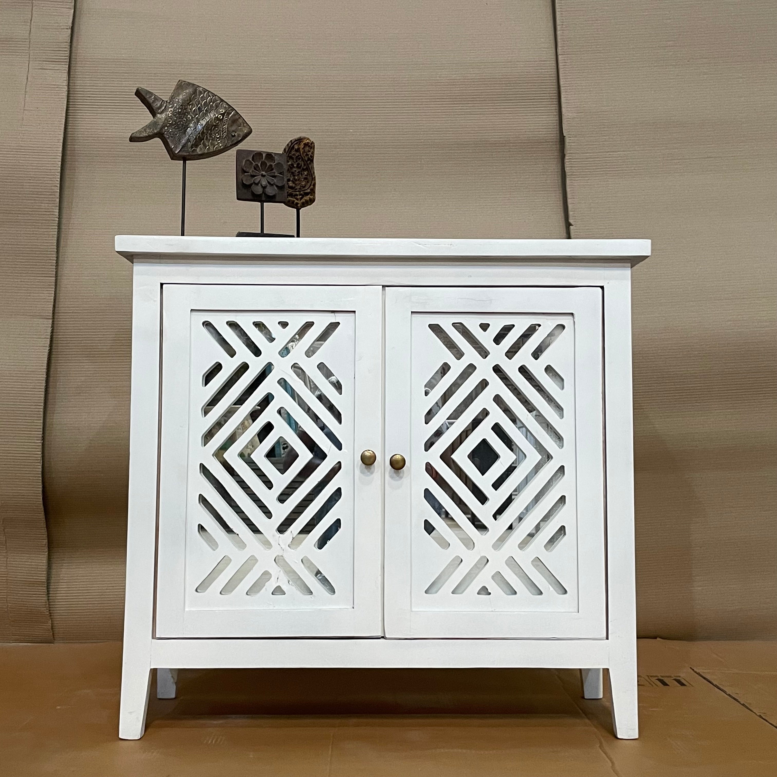 Handcrafted Indian Solid Hardwood Cabinet with 2 Mirror Doors - White (81x31x75cm) | Elegant Storage Solution for Bedroom, Living Room & Entryway