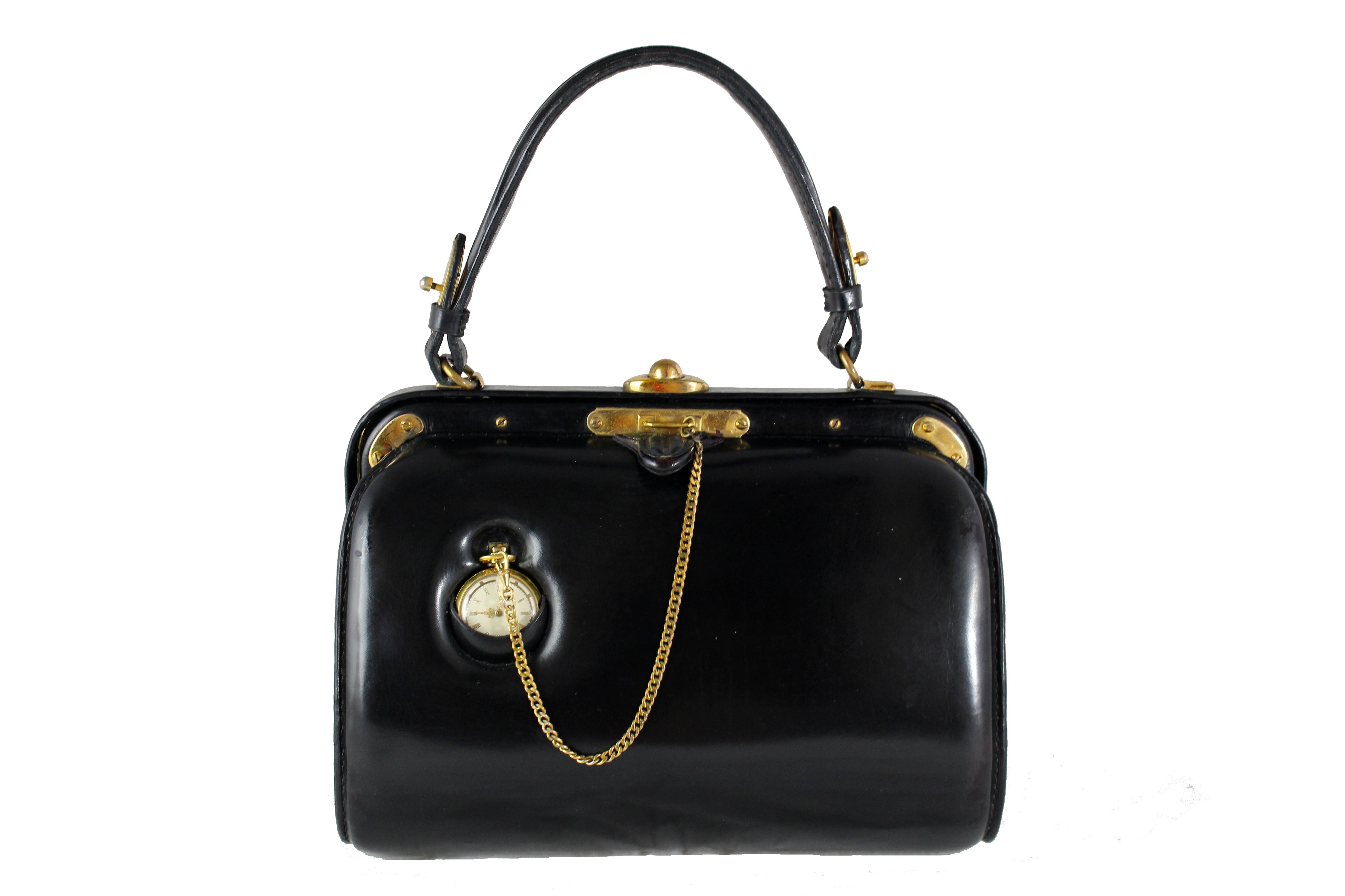 Stylish Black Leather Handbag with Detachable Pocket Watch - Perfect for Women's Fashion, Office & Evening Events