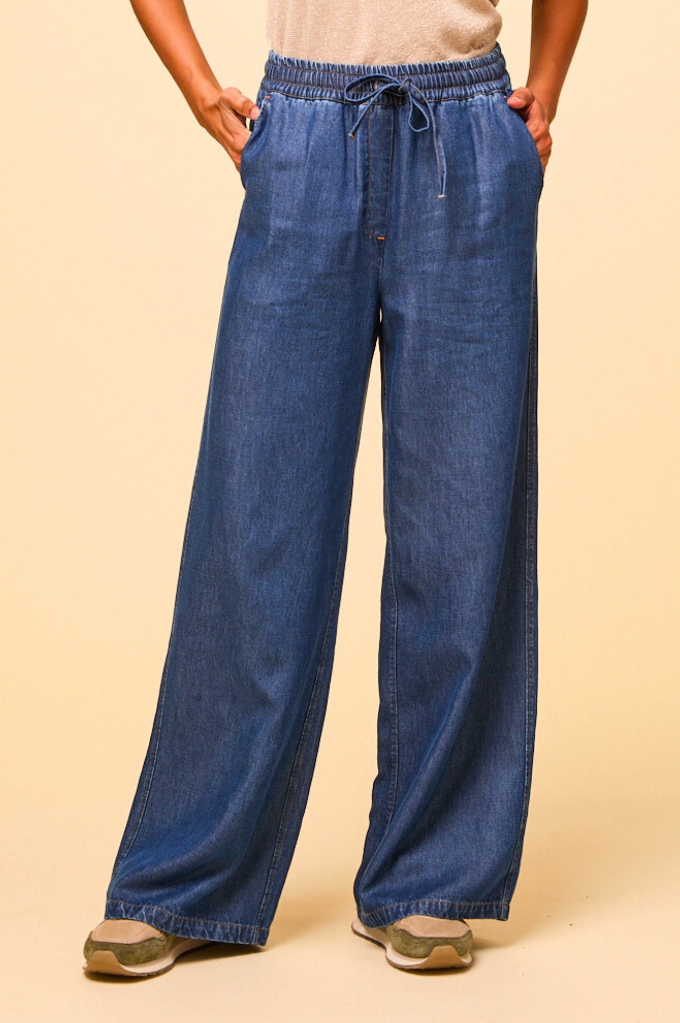 Juliana Drawstring Trouser Pants for Women - Comfortable Chambray Blue Casual Pants | Perfect for Work, Travel and Everyday Wear