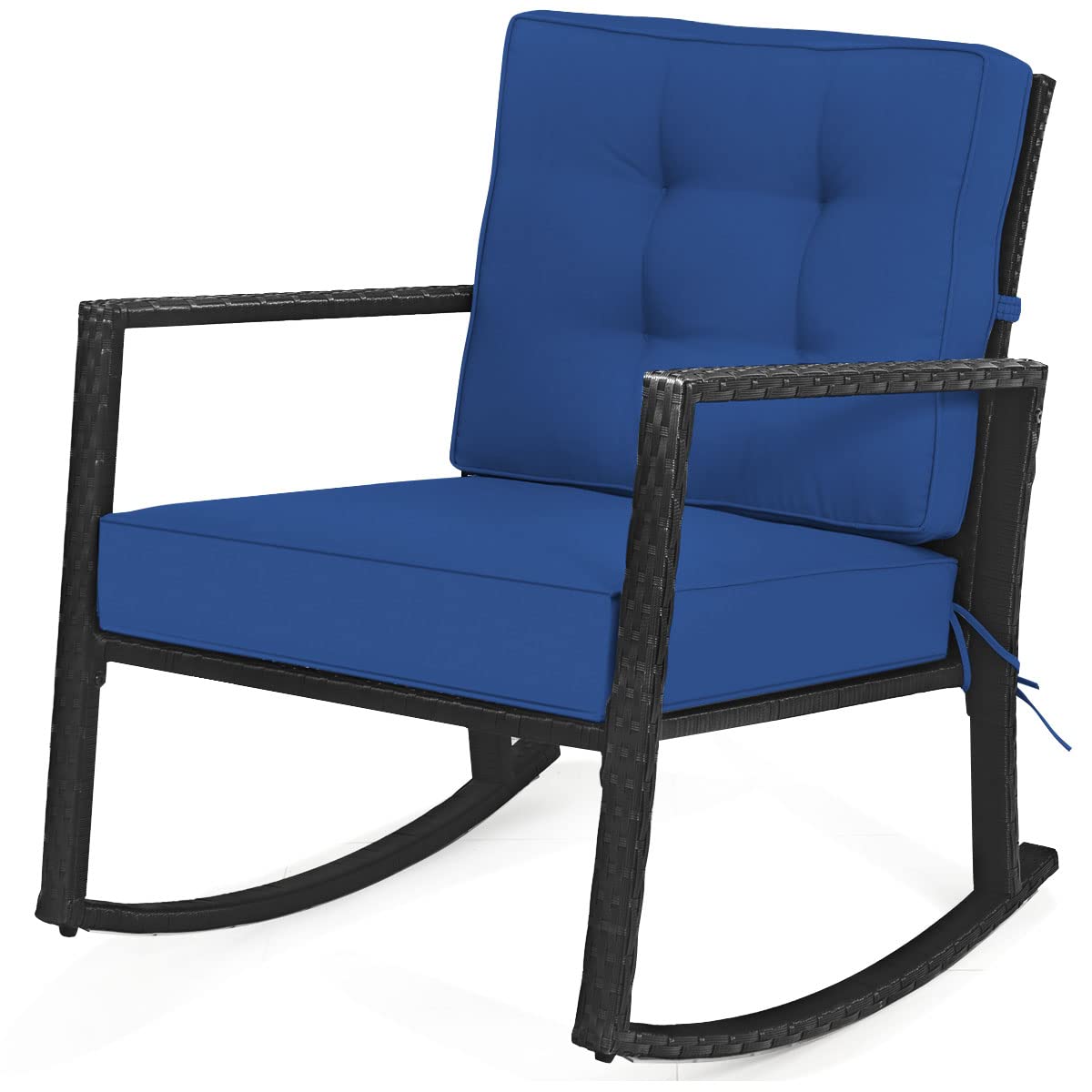 HAPPYGRILL Outdoor Rocking Chair - Heavy-Duty Rattan Wicker Glider with Thick Cushion, Navy Blue - Perfect for Backyard, Garden, Porch, Patio Relaxation & Comfortable Lounging
