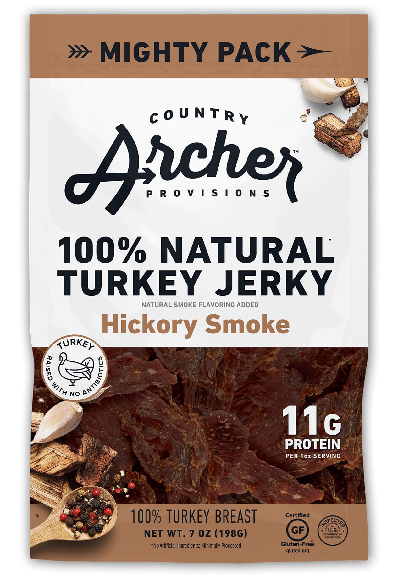 Country Archer Hickory Smoke Turkey Jerky - Antibiotic Free, Gluten Free, 7oz | High Protein Snack for Hiking, Camping & Keto Diet | Healthy On-the-Go Food