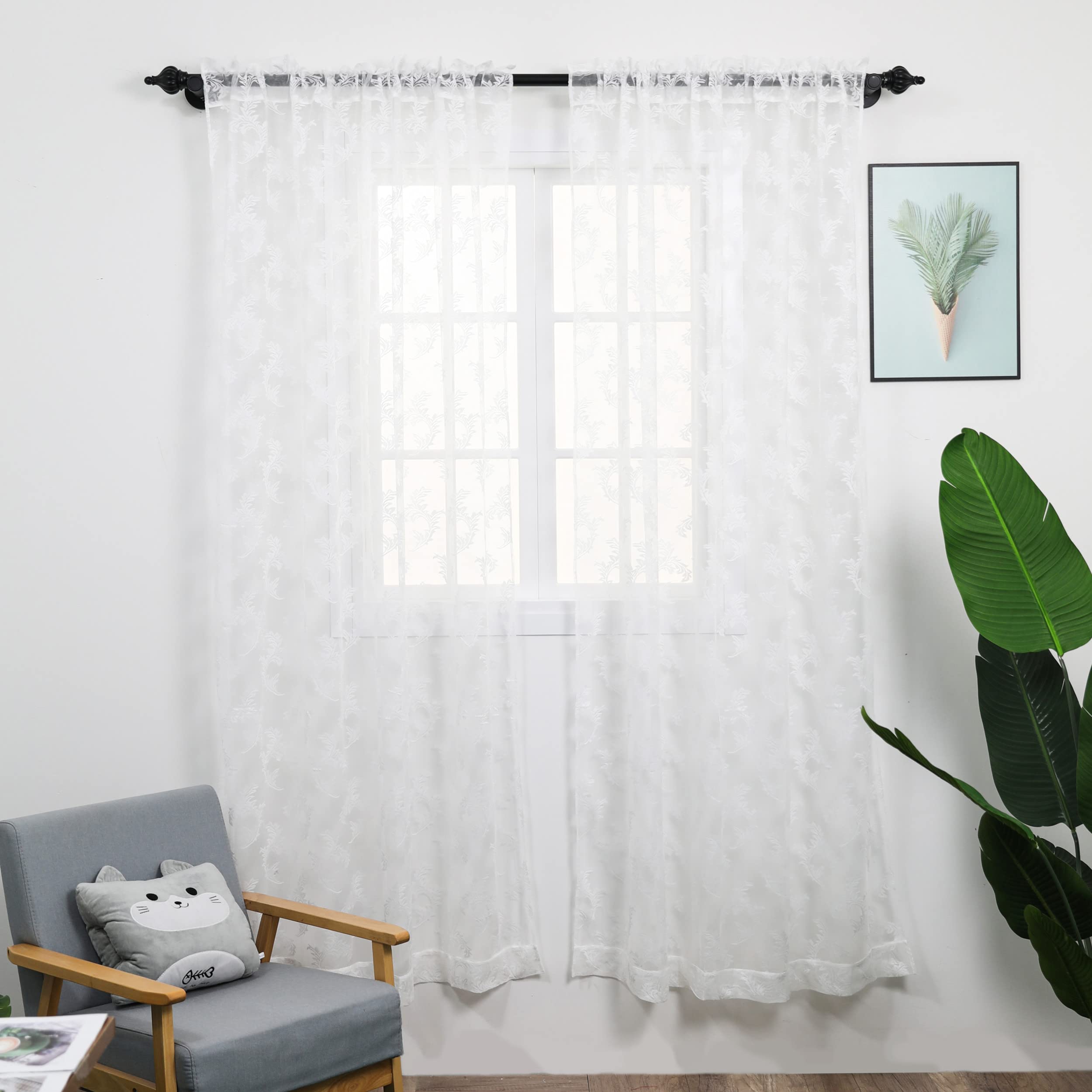 RLoncomix Sheer Curtains 52x72 Inch - Vintage Lace Voile Drapes with Silver Threads, Rod Pocket Window Treatment for Bedroom & Living Room, 2 Panels - Elegant Light Filtering & Privacy for Home Decor