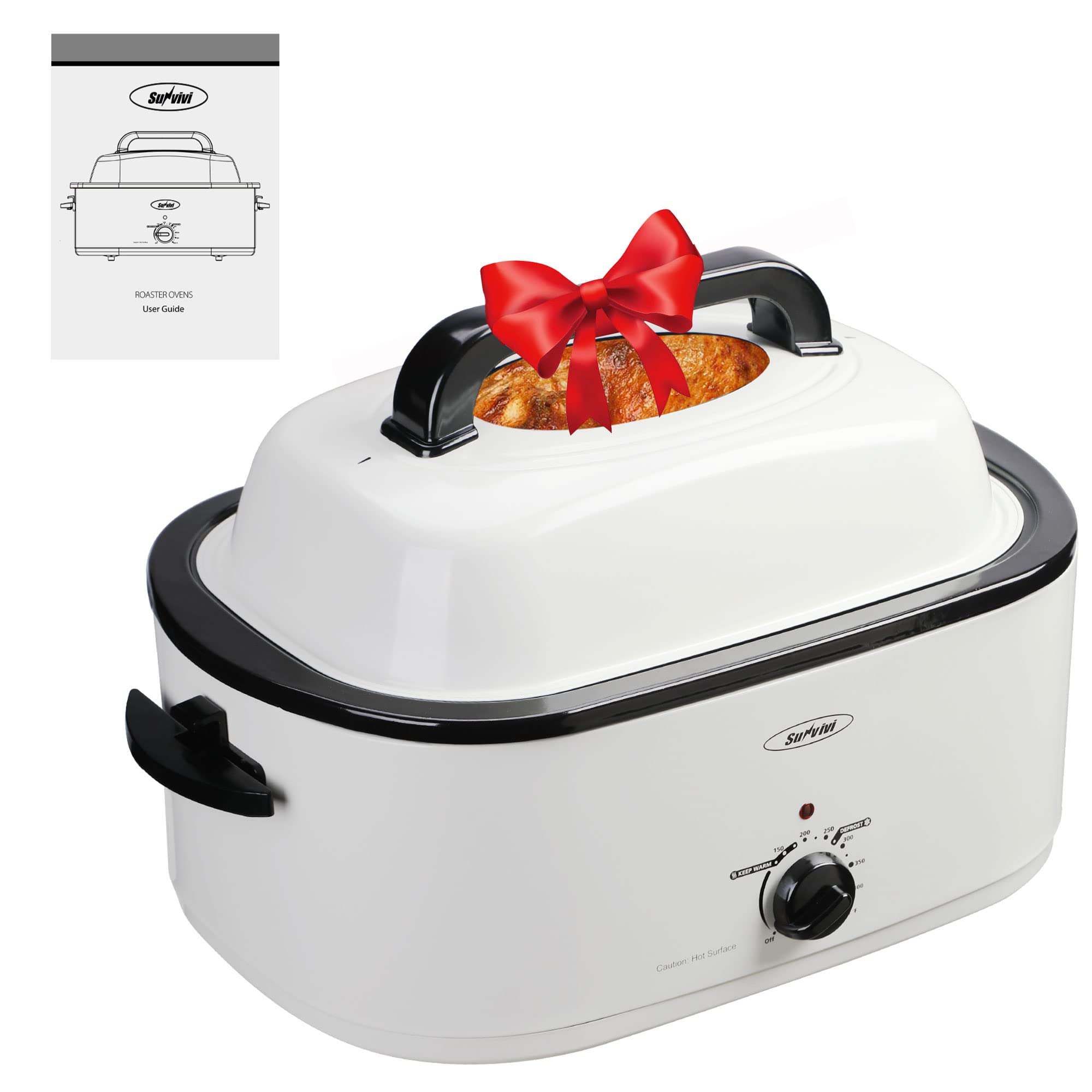 Sunvivi 24-Quart Electric Roaster Oven with Viewing Lid - 28lb Capacity Turkey Roaster with Defrost/Warm Function, Removable Pan & Rack - Stainless Steel White - Perfect for Holiday Dinners, Family Gatherings & Large Meal Preparations
