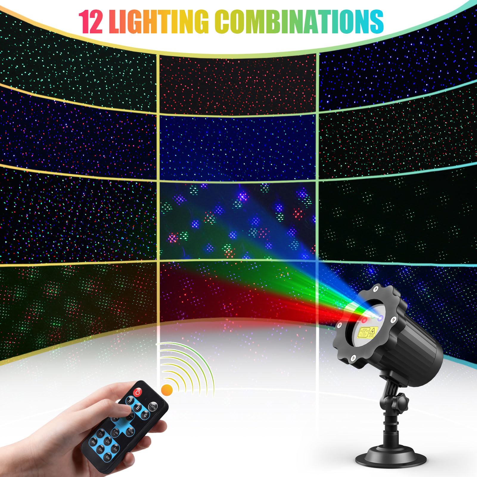 Waterproof Outdoor Laser Projector Lights with 12 RGB Effects, Remote Control & Timer - Perfect for Weddings, Christmas, Holiday Parties, Garden & Landscape Decor
