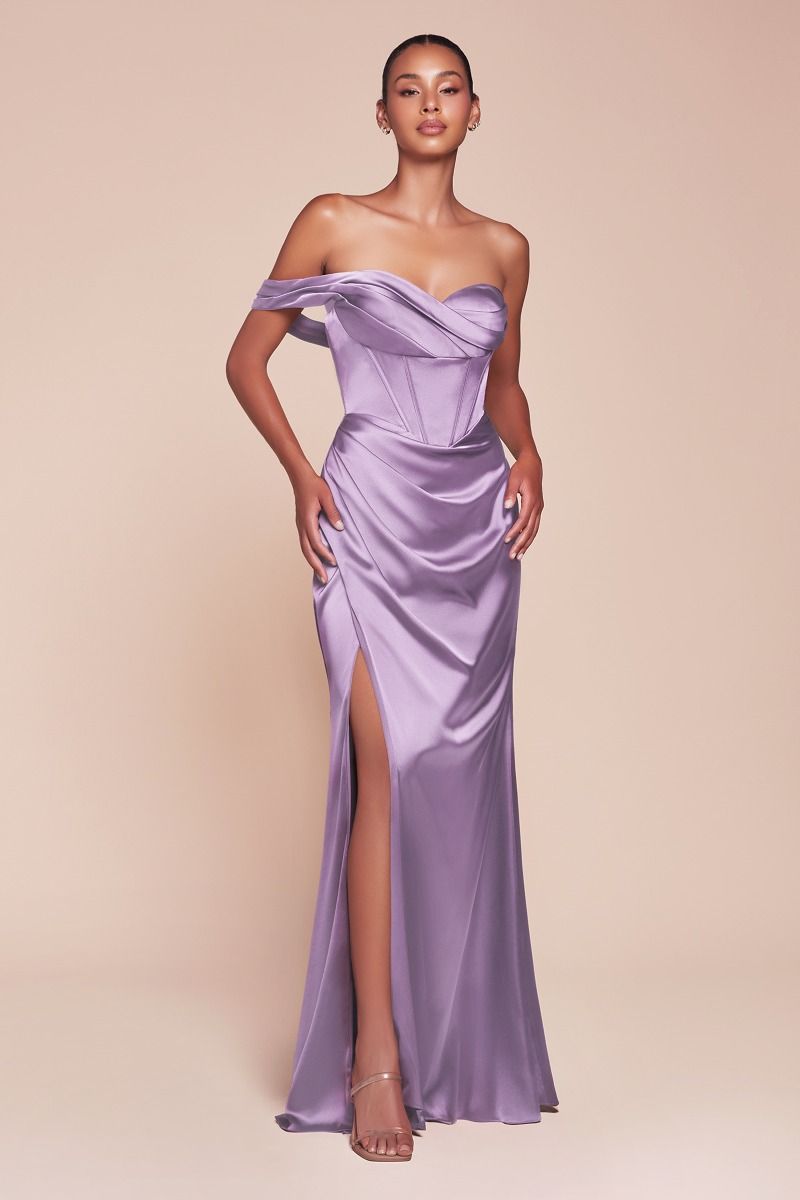 Audra One Shoulder Luxe Satin Corset Gown - Lavender Formal Dress for Prom, Evening Gala & Special Occasions