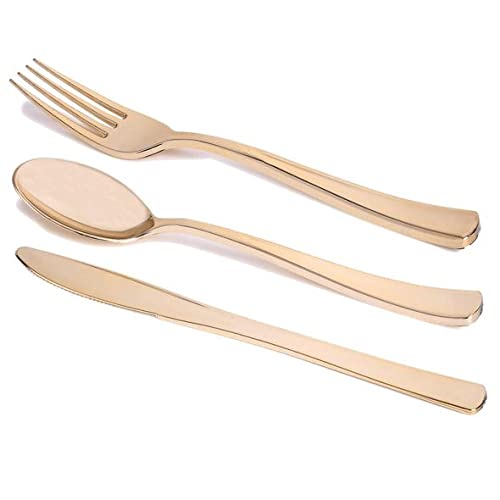 Premium Gold Plastic Cutlery Set - Heavy Duty Disposable Flatware Kit with Spoons, Forks & Knives (120-Piece) for Weddings, Birthday Parties, Catering & Special Events - Elegant Shiny Metallic Gold Utensils for Formal Dining & Outdoor Gatherings
