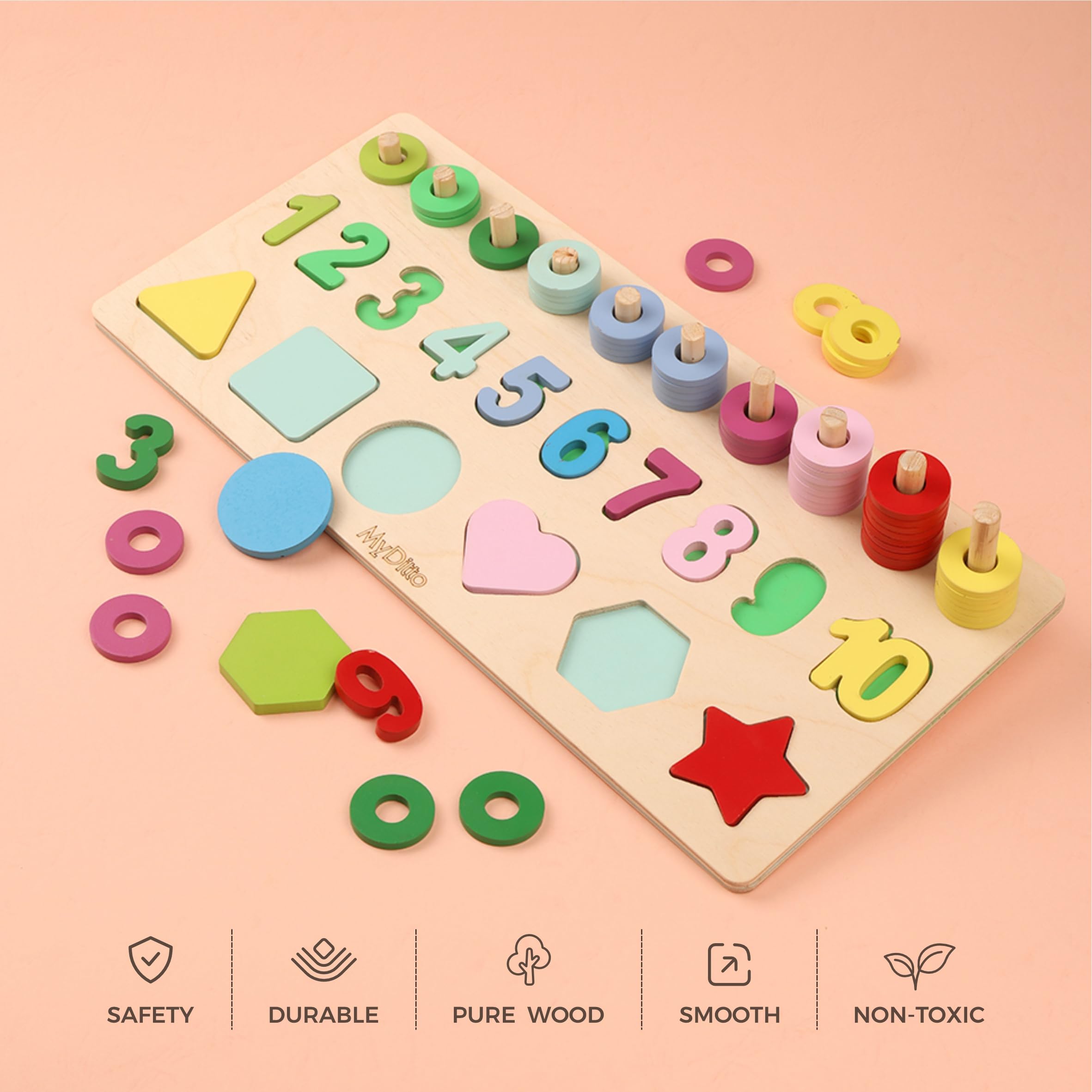 MyDitto Wooden Number & Geometric Shape Puzzle Toys - Educational Learning Board for Toddlers & Kids (Alphabets, Numbers, Shapes) | Montessori Math & STEM Learning Toy for Preschool Classroom & Homeschooling