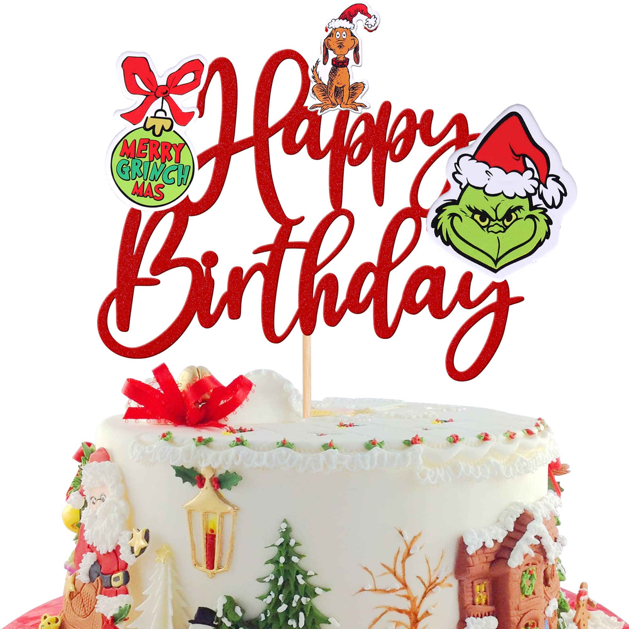 1 PCS Green Monster Happy Birthday Cake Topper with Red Glitter - Christmas Dog Cake Decor for Holiday Parties, Baby Showers & Kids Birthday Celebrations - Perfect for Christmas Theme Cakes and Festive Dessert Decorations