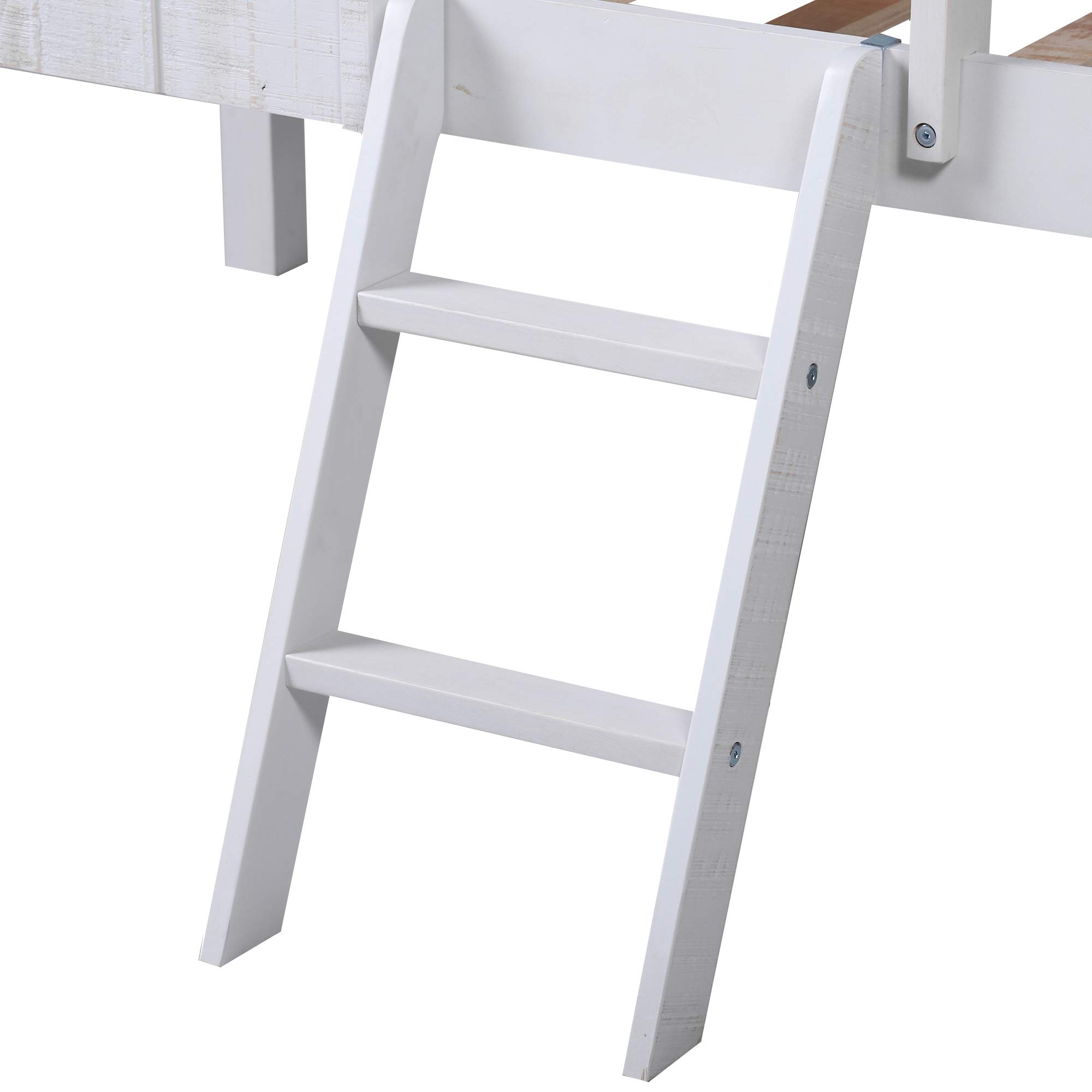 **Twin Size Low Loft Bed for Kids - Wooden House Bed Frame with Side Windows, Roof & Full-Length Safety Rails - Sturdy Ladder Included (Antique White) - Perfect for Small Bedrooms, Playrooms & Sleepovers**