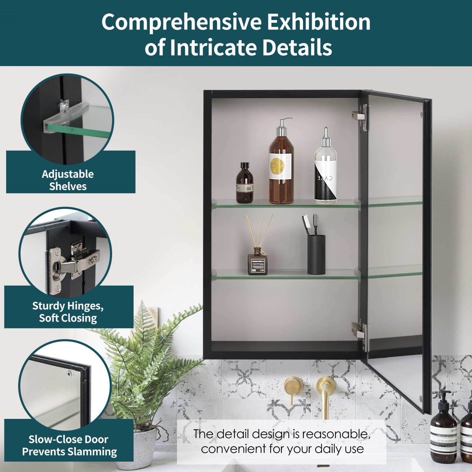 15x24 Inch Black Aluminum Frameless Medicine Cabinet with Mirror - Adjustable Shelves, Recessed or Surface Mount for Bathroom - Perfect for Small Spaces, Vanity Storage & Modern Bathroom Decor