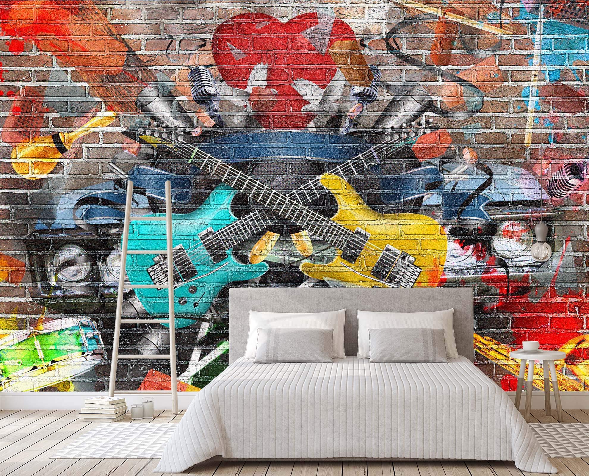 3D Doodle Guitar Wallpaper Mural - Self-Adhesive Decorative Wall Sticker (123
