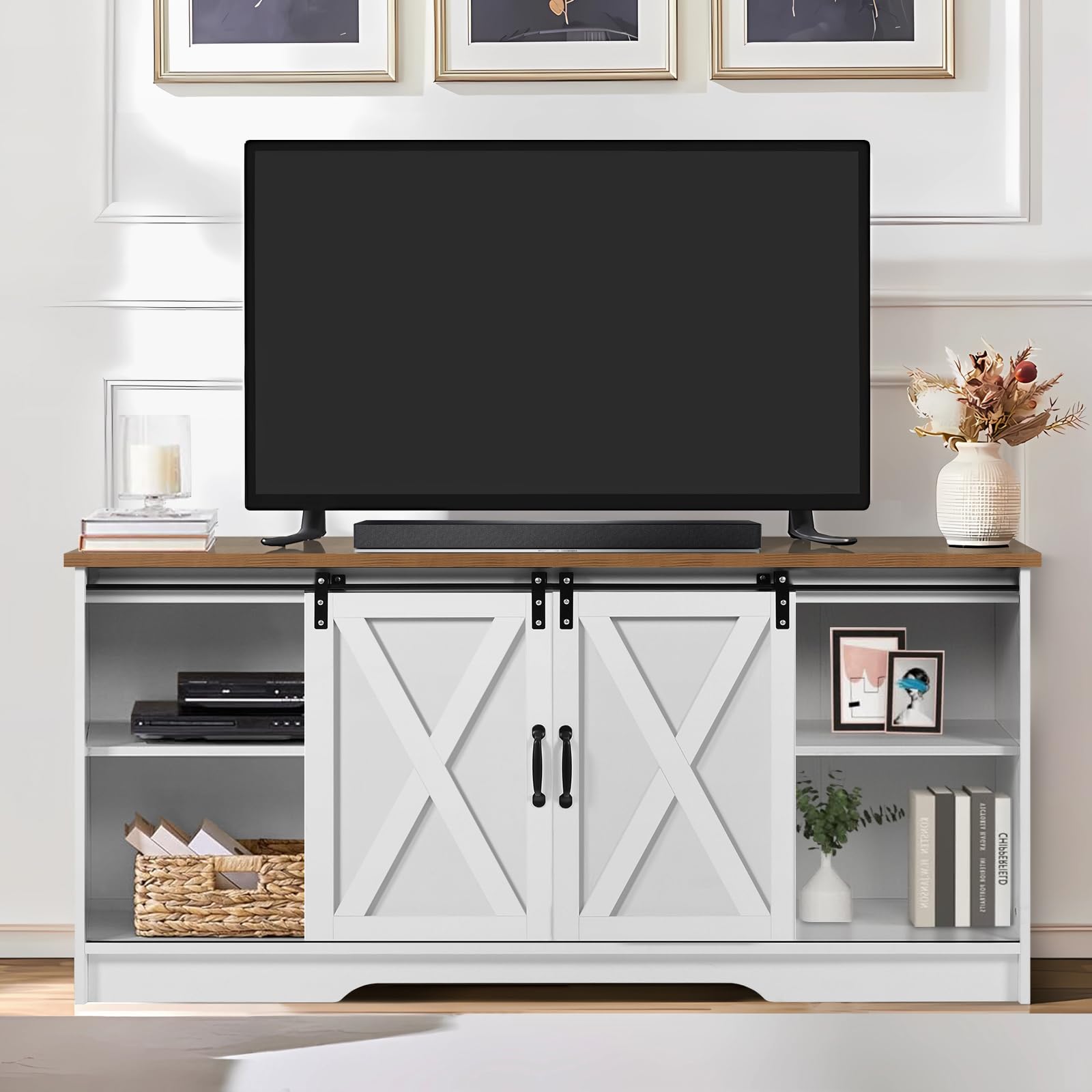 4 EVER WINNER White TV Stand for 65 Inch TV, Farmhouse Style Entertainment Center with Sliding Barn Doors - Holds TVs up to 65+ Inches, Adjustable Shelves for Living Room, Bedroom or Home Theater Setup
