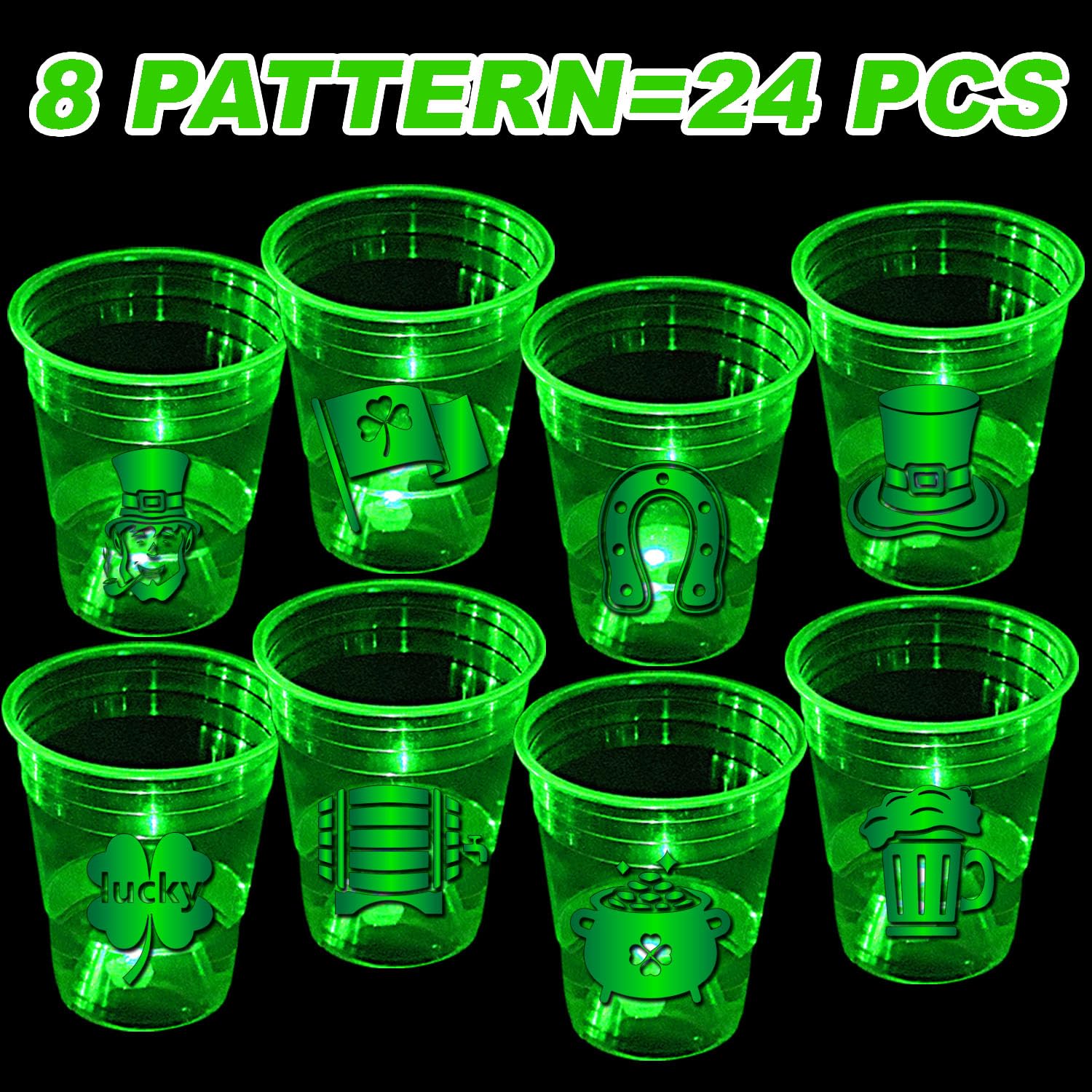 24 Pack Glow in the Dark St. Patrick's Day Party Cups - 16oz Shamrock Themed Disposable Cups for Nighttime Celebrations, Indoor/Outdoor St. Patty's Day Decorations & Party Favors - Perfect for Bar Crawls, Parades, Irish Themed Weddings & Pub Parties