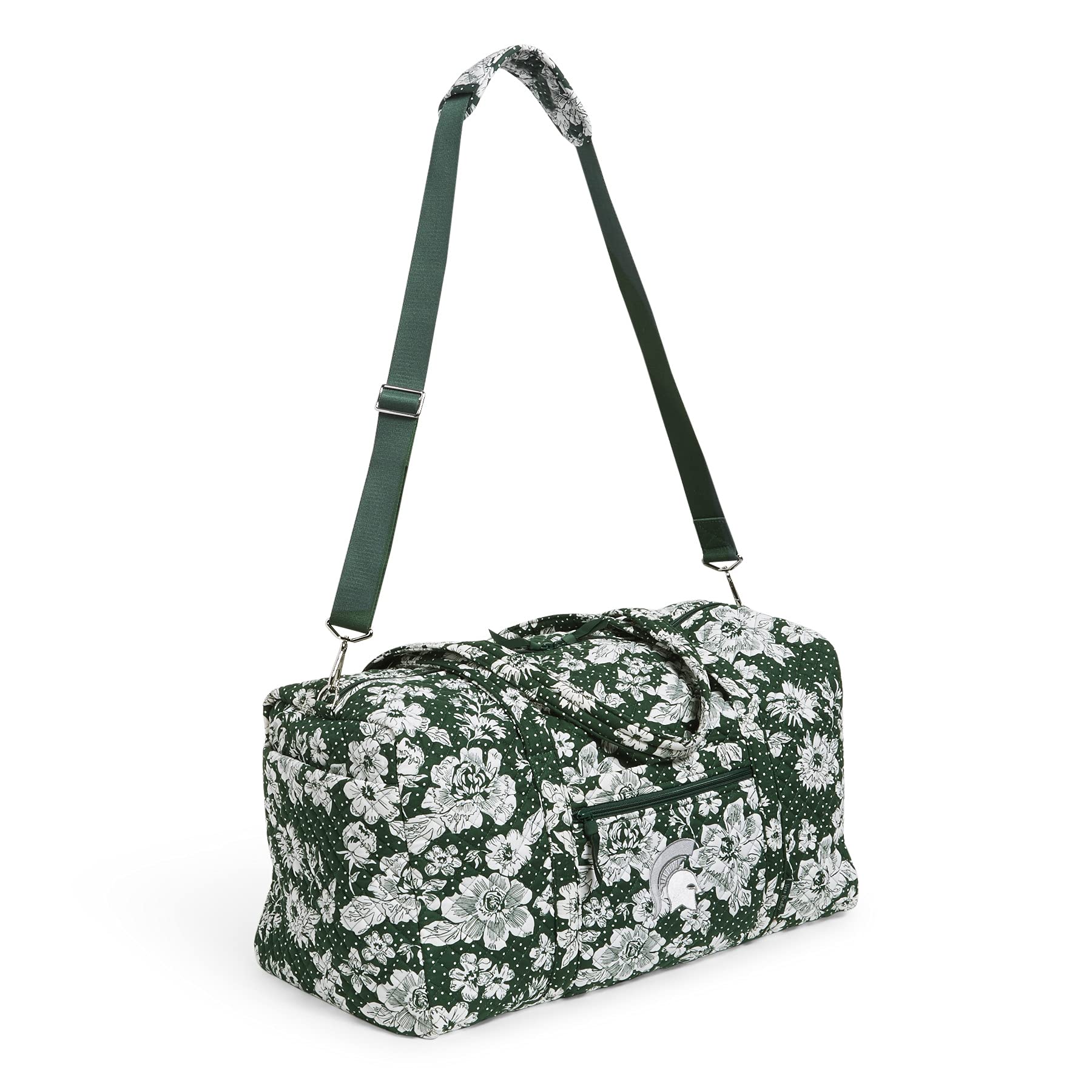 Vera Bradley Women's Recycled Cotton Large Travel Duffle Bag - Michigan State University Dark Green/White Rain Garden Design - Spacious College Team Sports Gear for Gym, Weekend Trips & Campus Life
