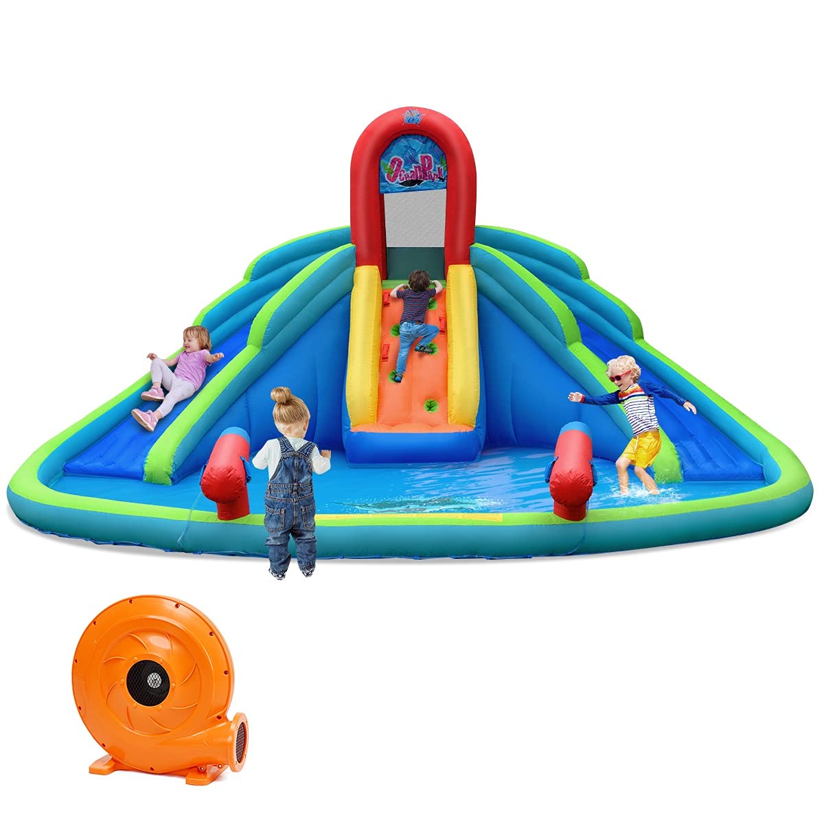 GOFLAME Inflatable Water Slide for Kids - Large Splash Pool, 2 Slides & 2 Water Cannons, Bounce House with Carry Bag, Stakes & Repair Kit (Includes 780W Air Blower) - Perfect for Backyard Parties, Summer Fun & Outdoor Family Activities
