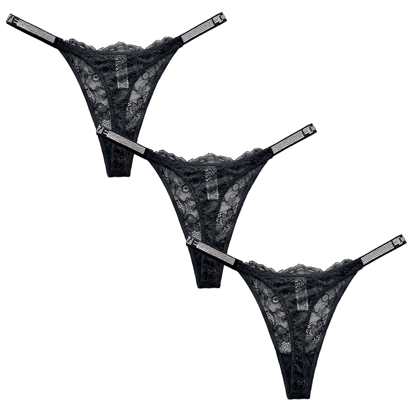 Sexy Rhinestone Lace Thong Panties for Women - 3 Pack Low Rise G-String T-Back Underwear with Floral Design | Perfect for Date Night, Lingerie Gift & Sensual Wear