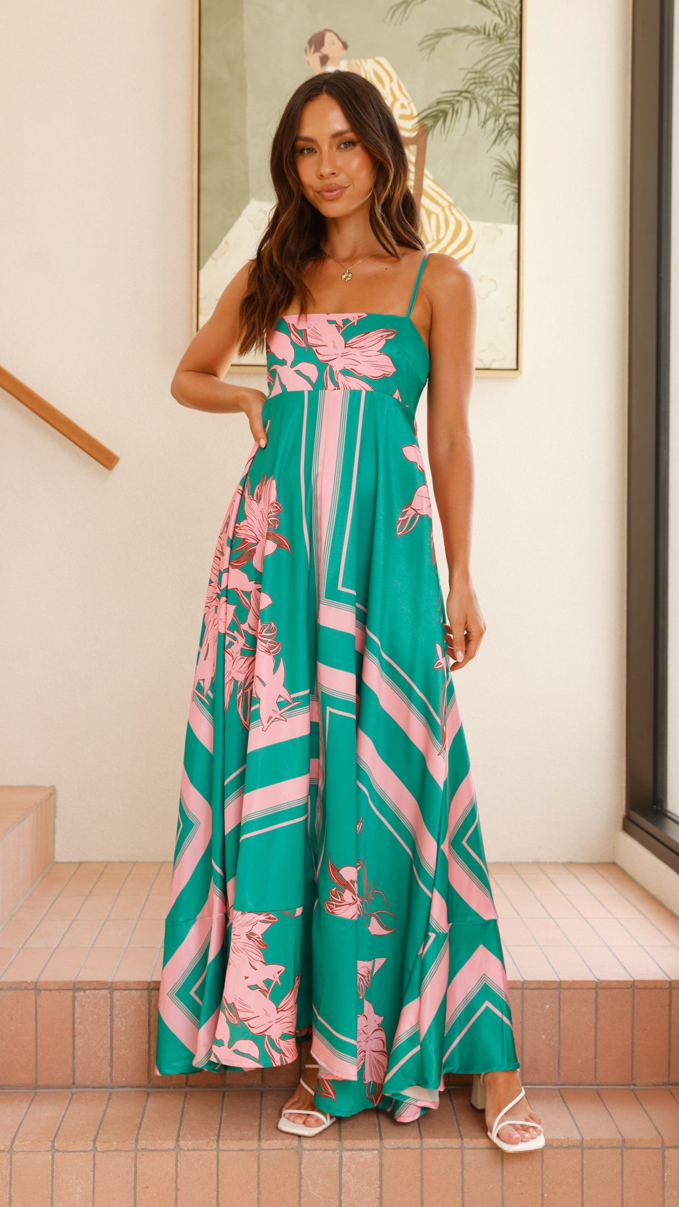 Kaethe Maxi Dress - Green & Pink Floral Summer Dress for Women | Beach Wedding, Vacation, Party Wear
