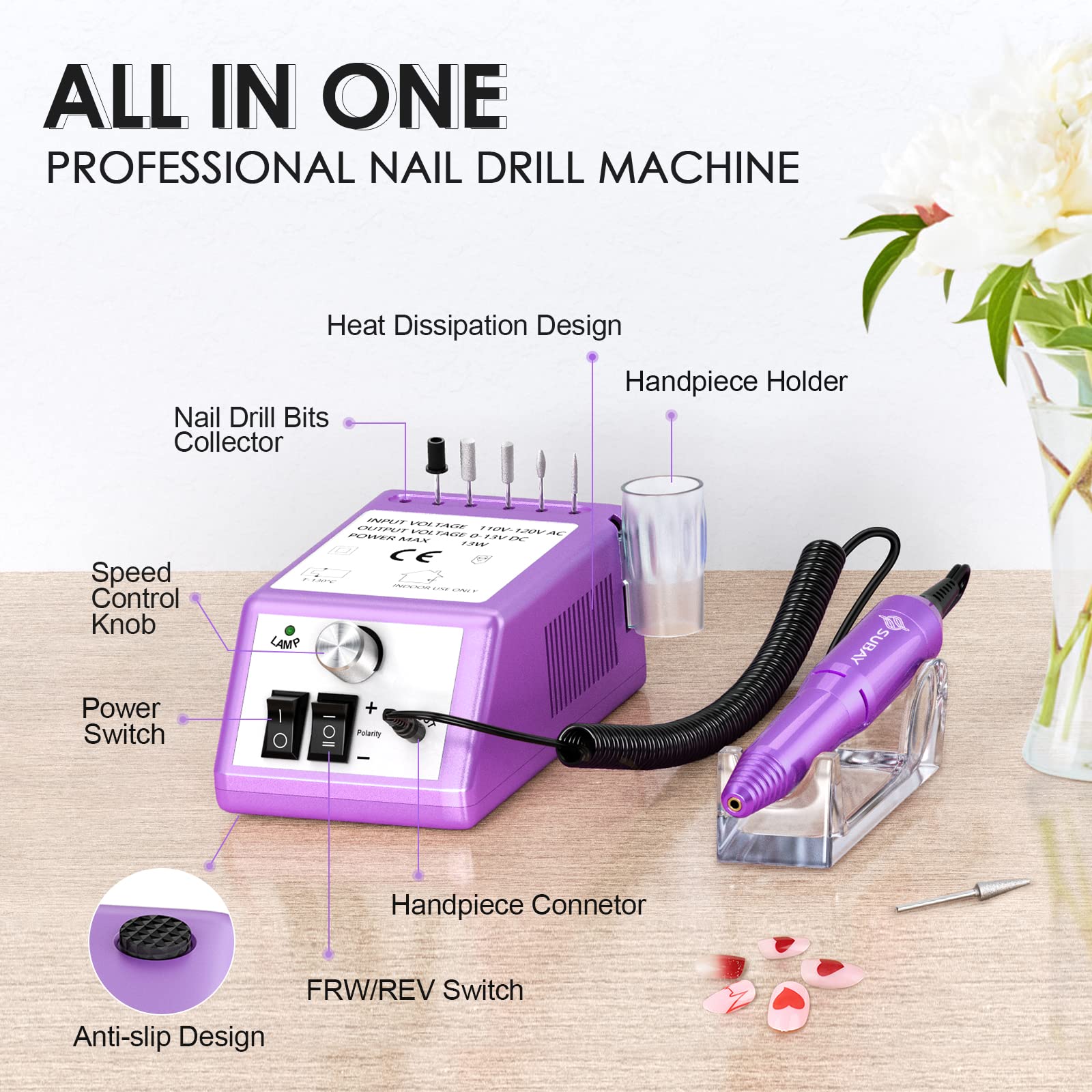 Professional Electric Nail Drill Machine Kit - Manicure Pedicure Tool with Sanding Bands for Toe & Finger Nail Care, Nail Art Filing & Shaping (Purple) - Perfect for Home Salon, Nail Technicians & DIY Beauty Enthusiasts