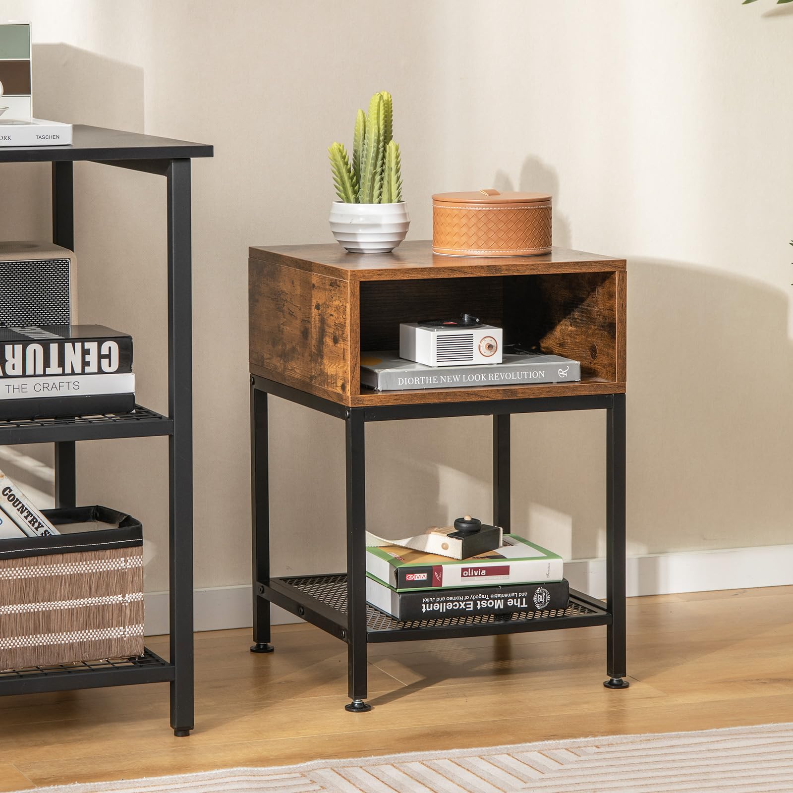 Giantex 2-Tier Industrial End Table Set of 2 with Open & Mesh Storage Shelves - Sturdy Metal Frame Telephone Table for Small Spaces - Rustic Brown Bedside Nightstand for Living Room & Bedroom - Perfect for Compact Apartments, Dorms and Office Spaces