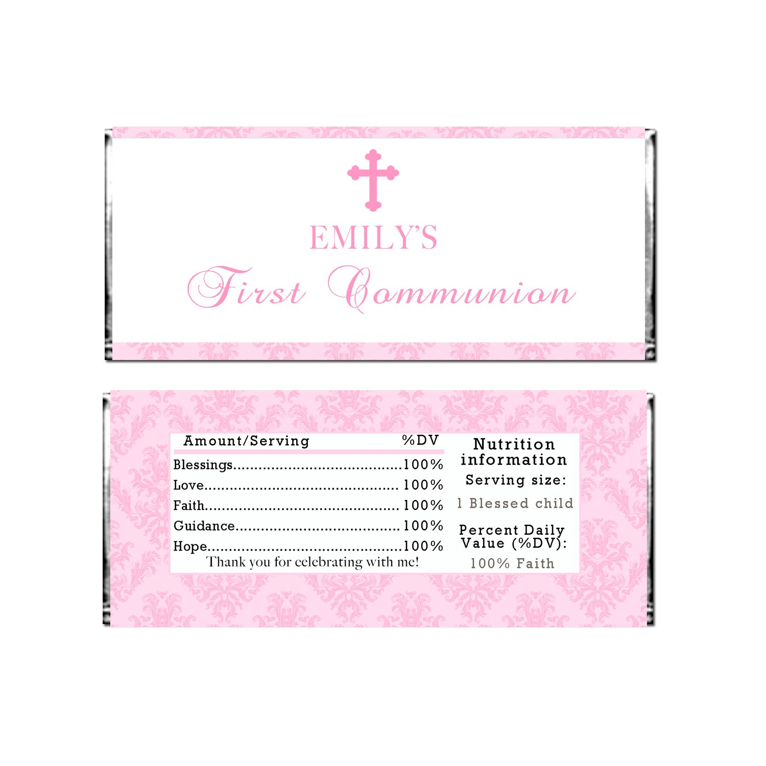 30 Religious Candy Bar Labels for Baptism & Communion - Pink Damask Stickers & Wrappers for Girls - Perfect for Church Events, Sunday School Treats & Christian Celebrations