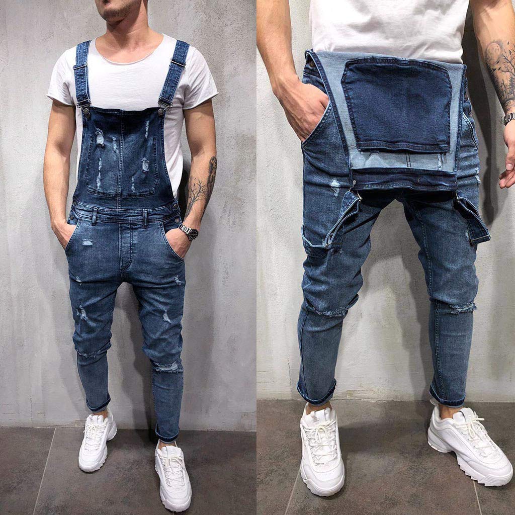 Men's Distressed Denim Overalls with Suspenders & Tie Band - Vintage Washed Jumpsuit Pants for Casual Wear & Work Outfits