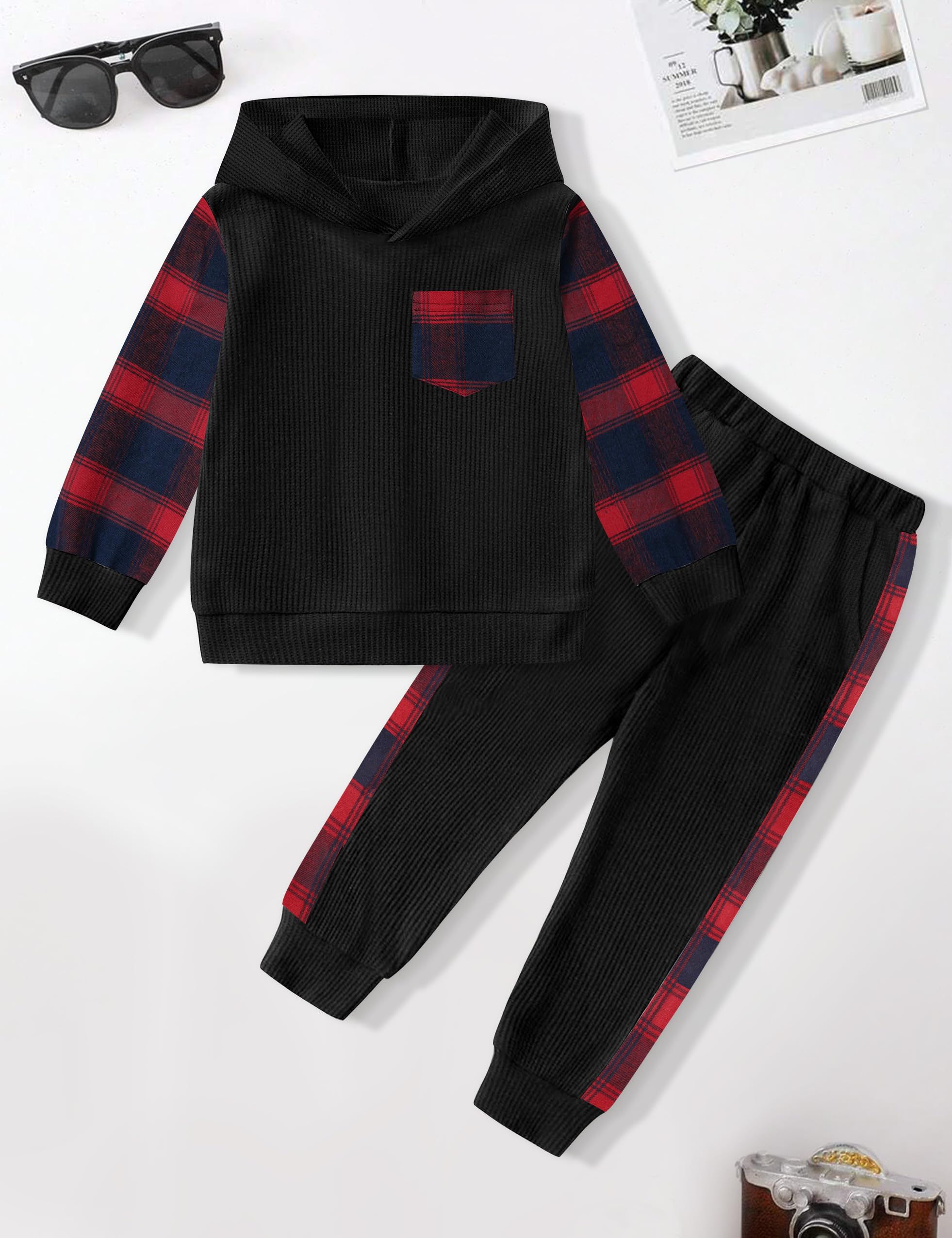 Boys' Waffle Plaid Hoodie & Patchwork Casual Pants 2-Piece Set - Warm Fall Winter Toddler Outfit with Pockets | Cozy Playdates & Outdoor Adventures