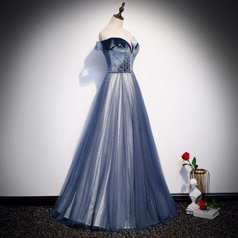 Elegant Off Shoulder Velvet Tulle Prom Dress with Beaded Details - Long Evening Gown for Homecoming, Ball & Formal Events - Size 155