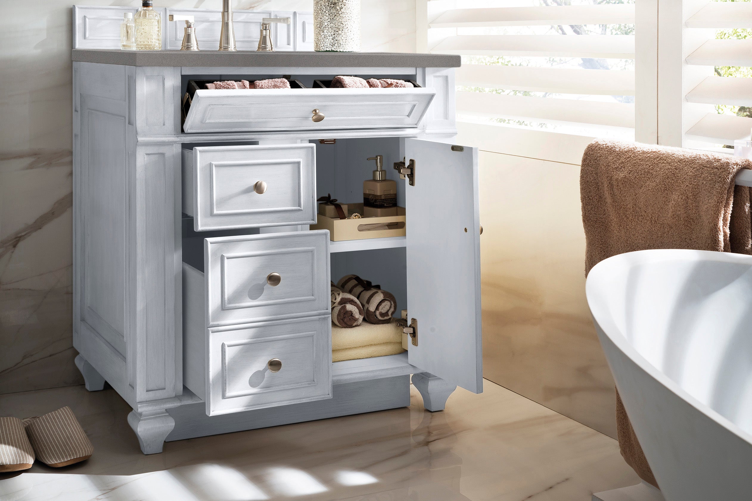 Bristol 30 Inch Single Bathroom Vanity Set with 3CM Grey Expo Quartz Top in Bright White - Perfect for Modern Bathroom Renovations and Small Space Designs