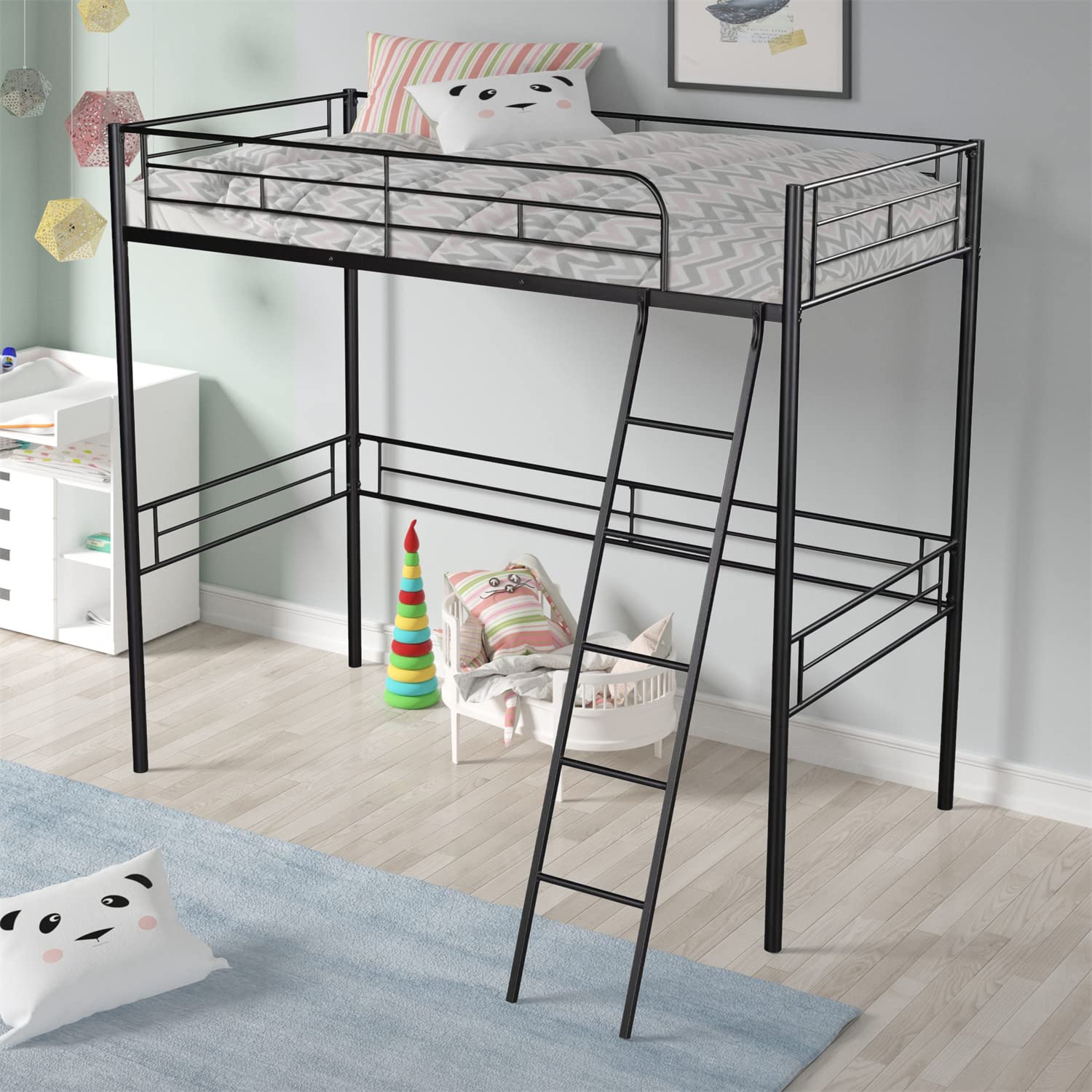 Twin Size Loft Bed Frame - Heavy Duty Steel Bunk Bed with Inclined Ladder & 11.22