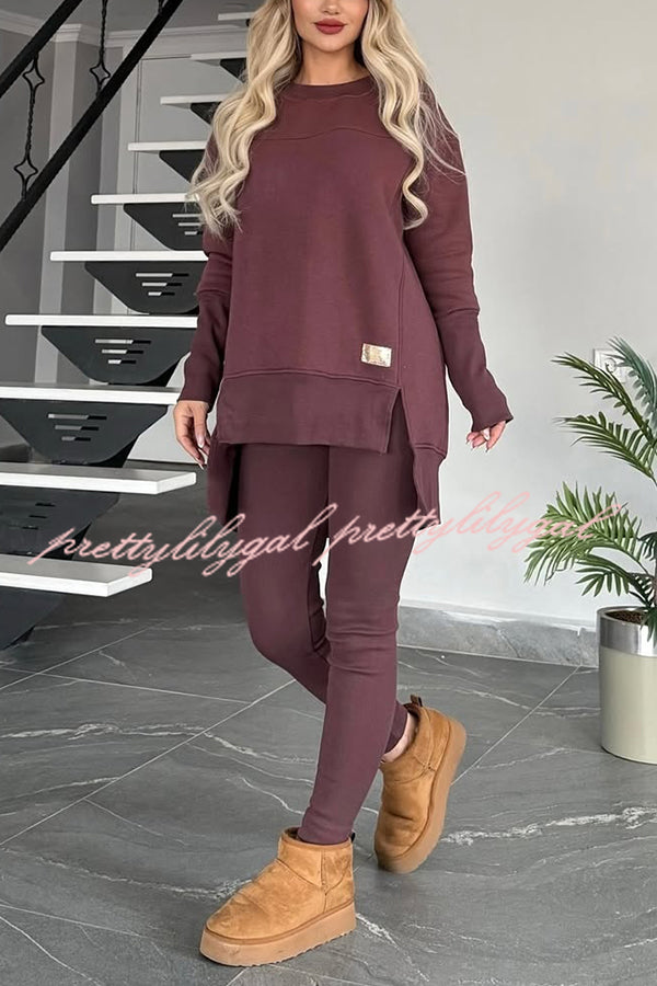 Solid Color Crew Neck Long Sleeve Top & Stretchy Casual Pants Set - Women's Comfortable Lounge Wear for Home, Yoga & Everyday Outfits