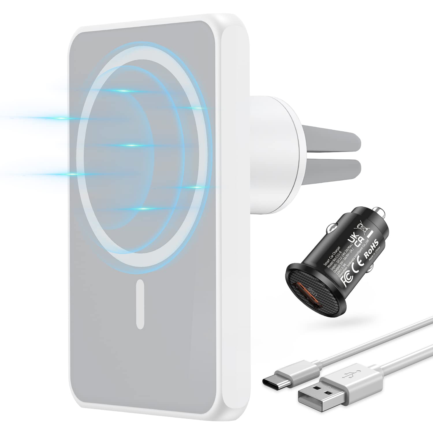 JoyGeek Magnetic Wireless Car Charger - 18W Fast Charging MagSafe-Compatible Car Mount for iPhone 14/13/12 Series - Air Vent Phone Holder with Secure Grip (Snowy White) - Perfect for Commuting, Road Trips & Hands-Free Driving