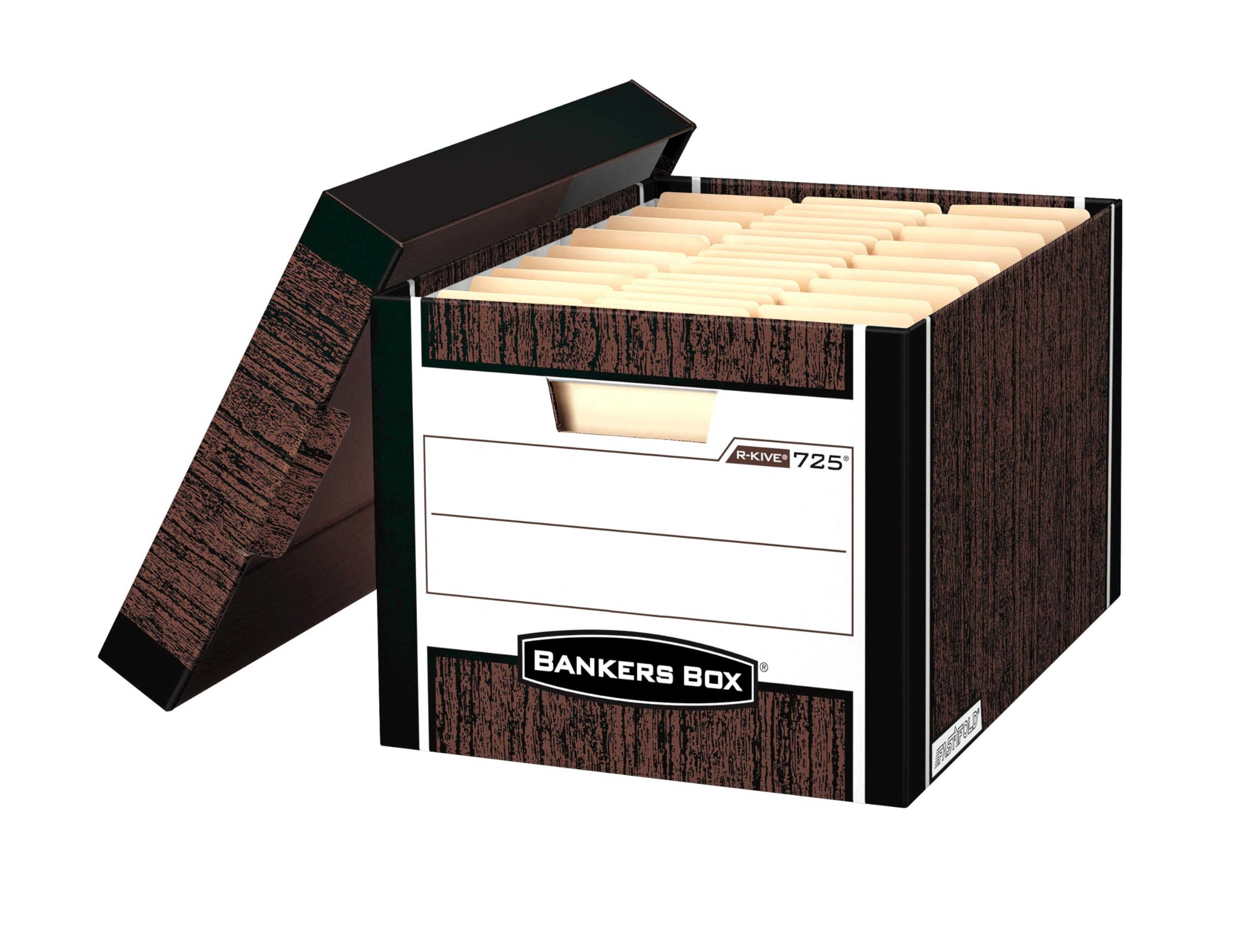 Heavy-Duty Bankers Box 12 Pack - R-KIVE FastFold File Storage Boxes with Lift-Off Lid, Letter Size, Woodgrain Finish - Perfect for Office Document Organization & Home Filing Systems