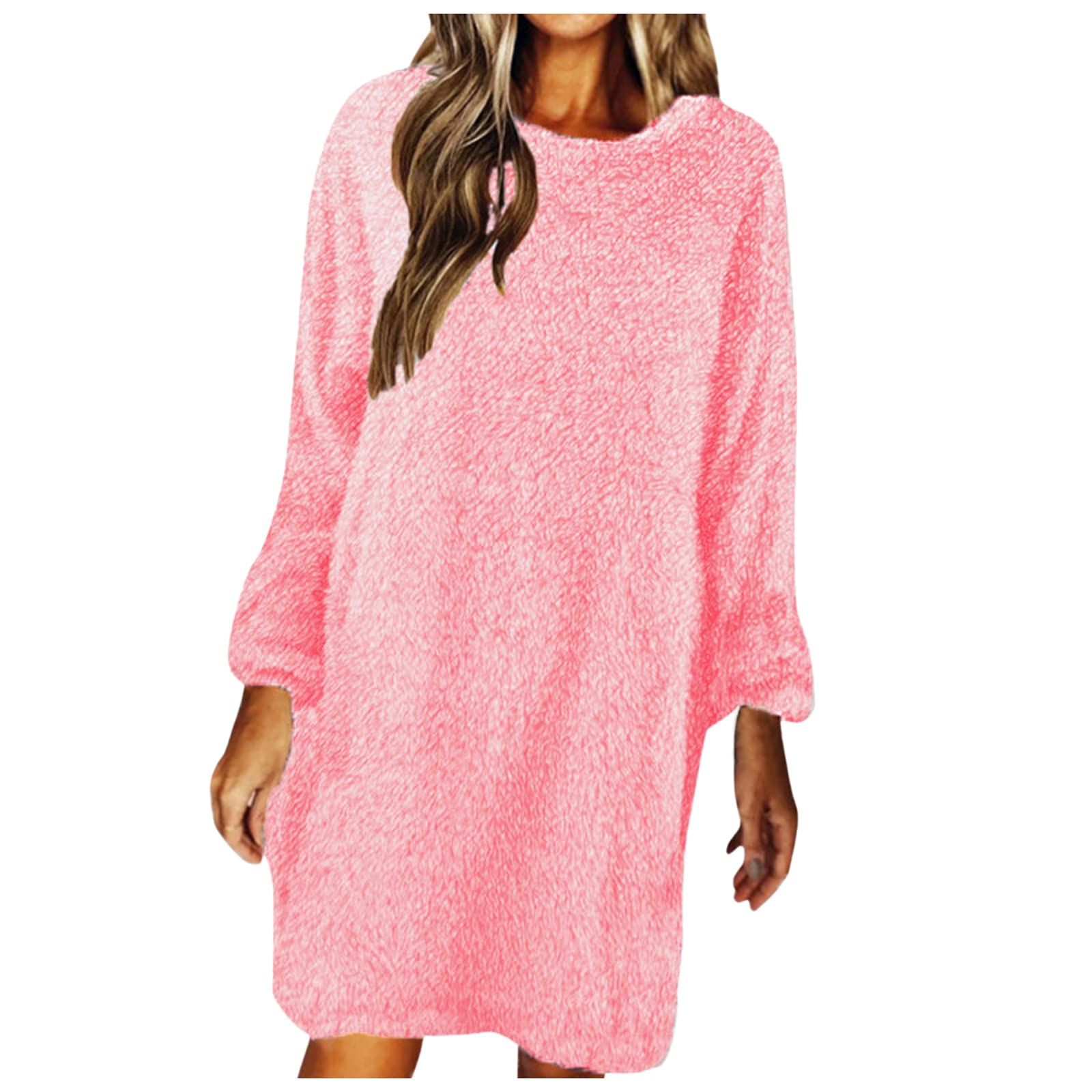 QUFECH Women's Fall & Winter Plush Sweater Dress - Solid Color, Round Neck, Long Sleeve, Loose Fit - Perfect for Wedding Guest, Holiday Party & Casual Outings