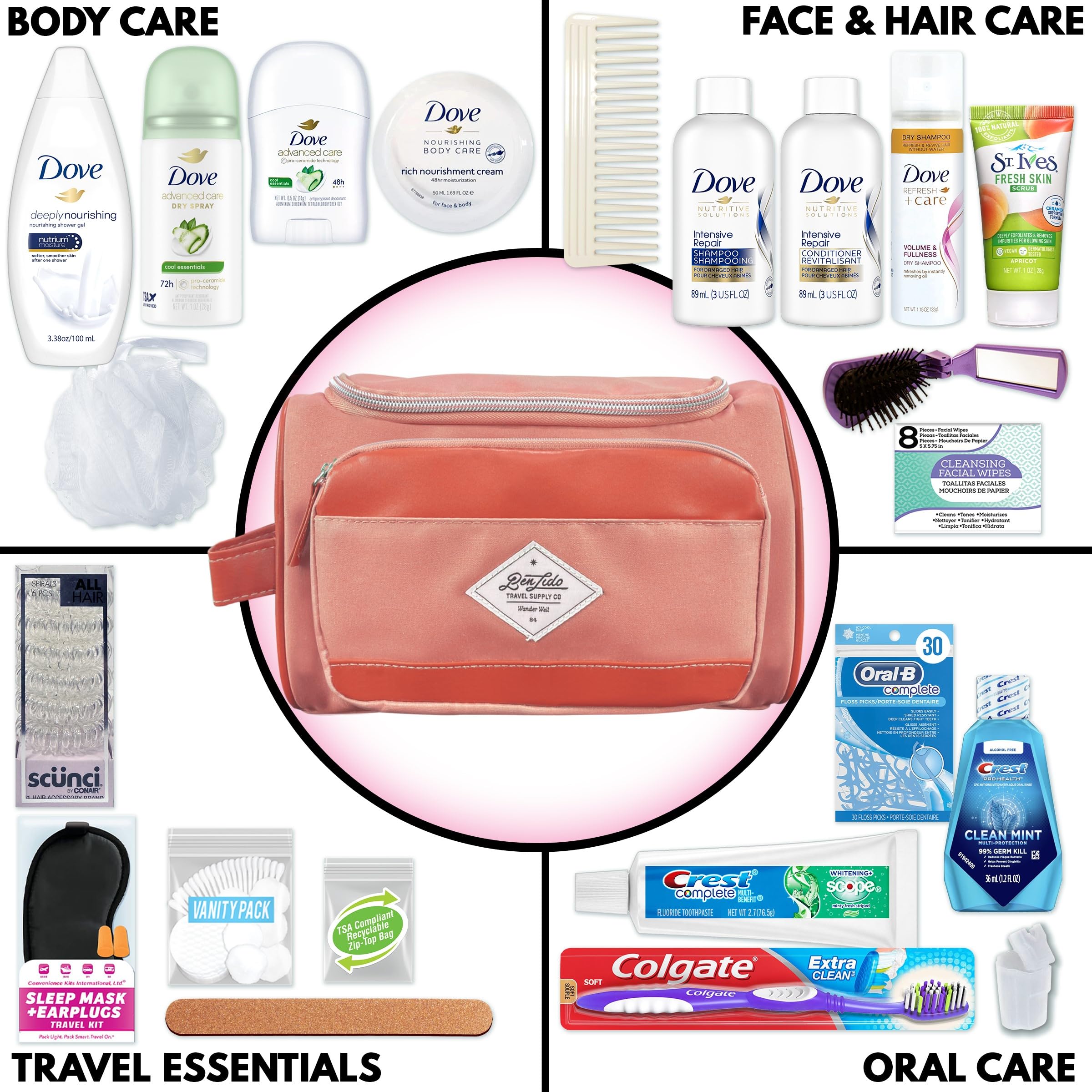 Premium 30-Piece Women's Travel Kit with Dove Hair & Body Care - Large Coral Toiletry Bag | Perfect for Vacation, Business Trips & Gym Essentials (802)
