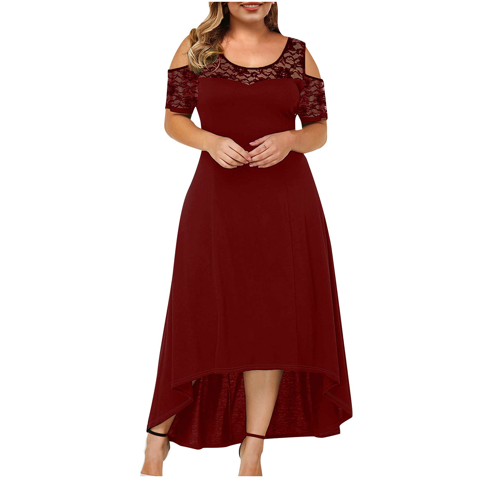 Elegant Women's Semi-Formal Lace Cold Shoulder Dress - Short Sleeve Evening Gown for Party, Wedding, Cocktail & Summer Events