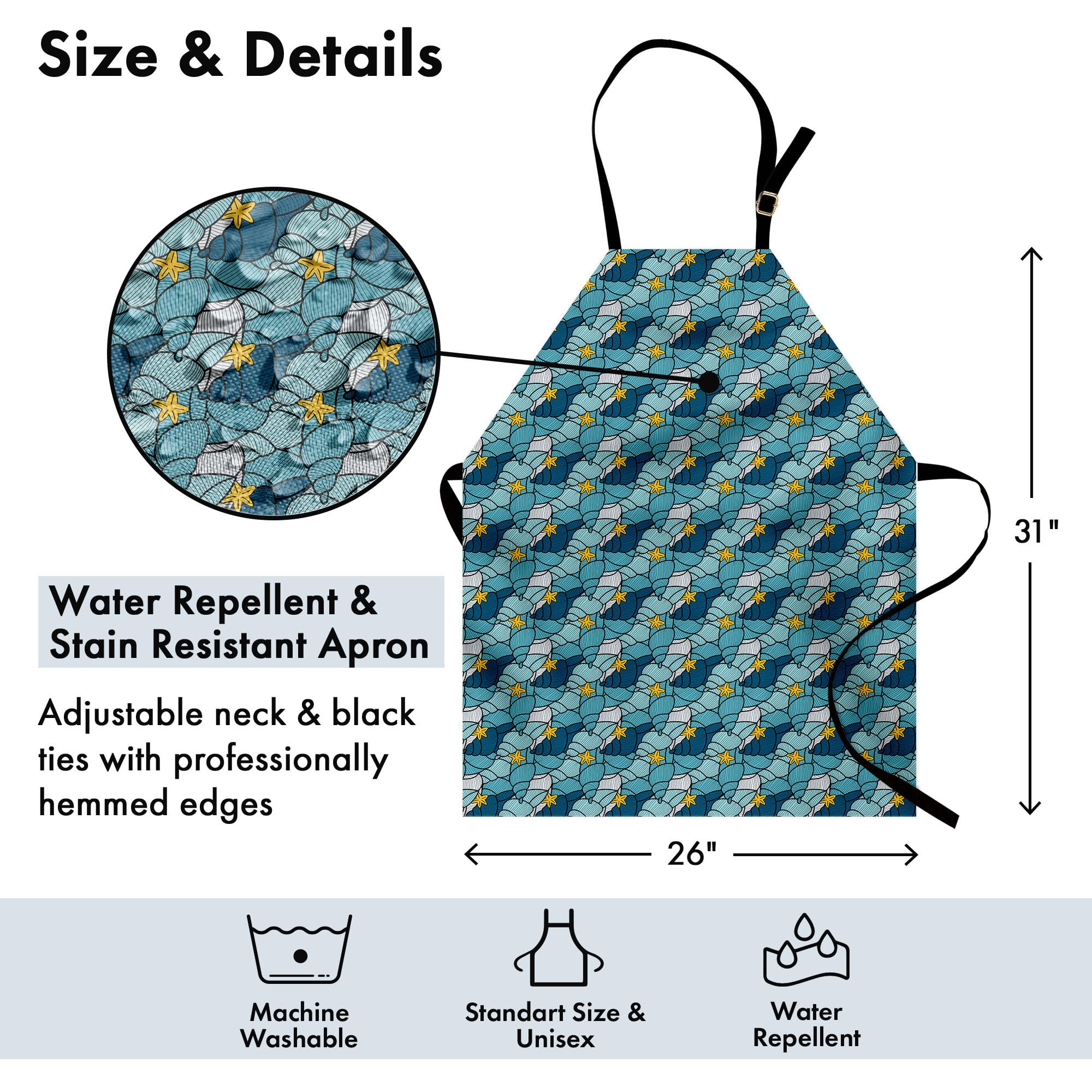 Ambesonne Nautical Apron - Seashells & Starfish Design, Adjustable Unisex Kitchen Bib for Cooking & Gardening