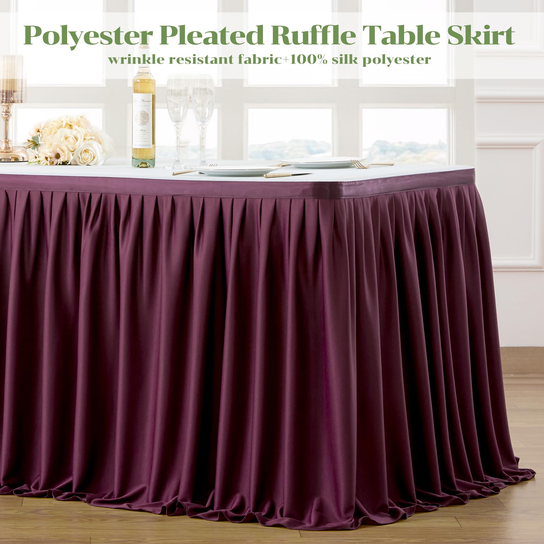 Burgundy Polyester Table Skirt 17ft - Wrinkle Resistant for Banquet & Wedding Decor