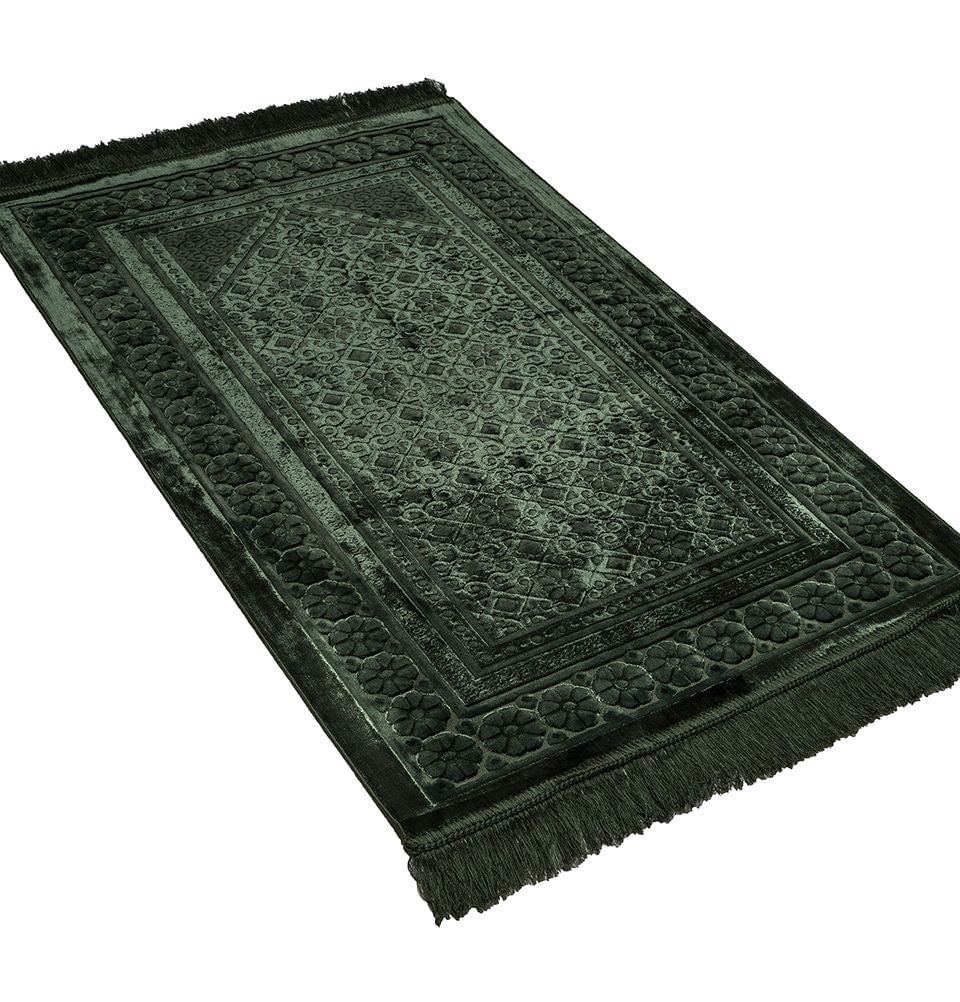 Premium Velvet Islamic Prayer Mat with Floral Embroidery - Dark Green - Soft & Durable - Perfect for Home, Mosque, or Travel Use