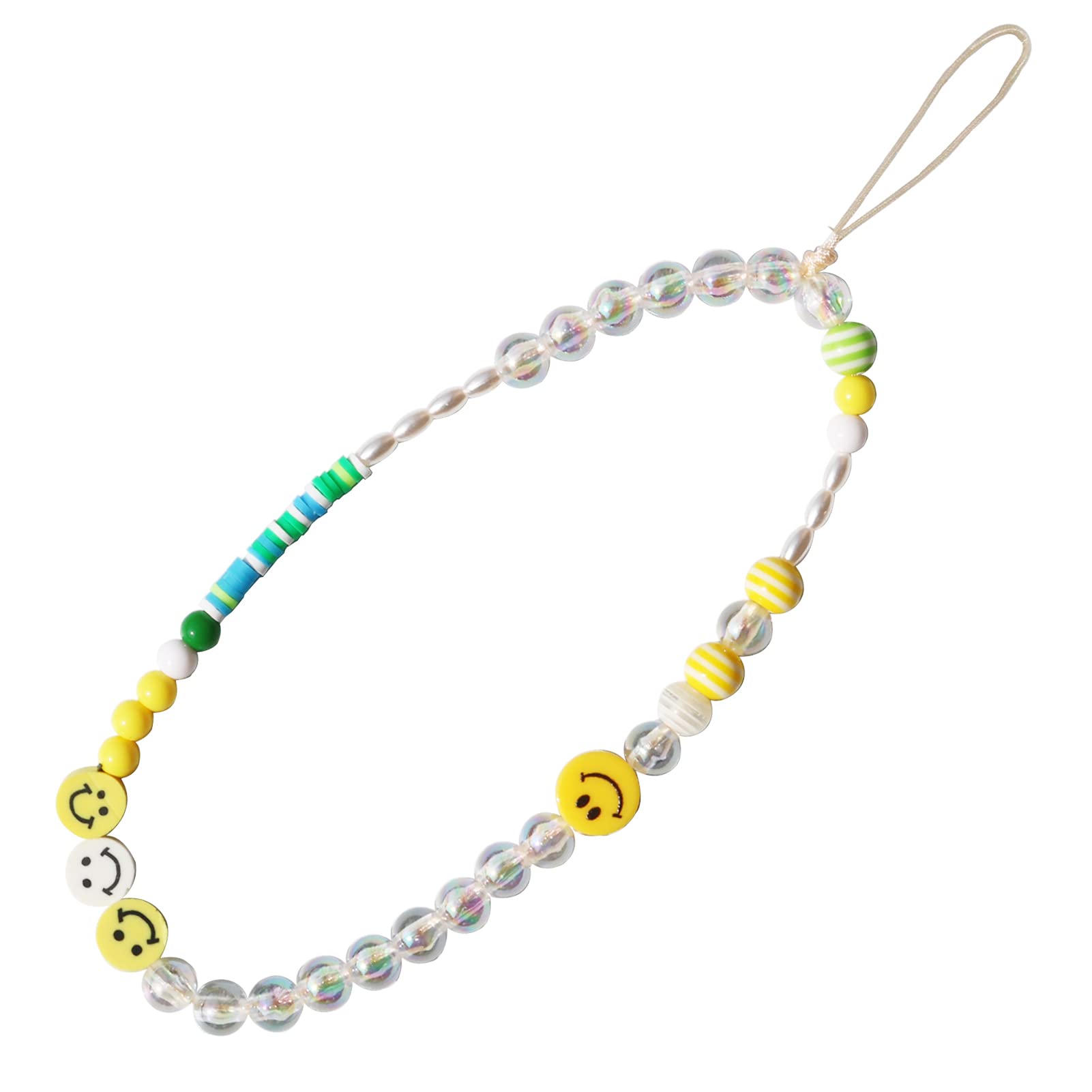 Handmade Smiley Face Beaded Phone Lanyard - Yellow Beaded Wrist Strap with Fruit, Letter & Pearl Charms | Anti-Lost Phone Chain Keychain for Women & Girls | Perfect for Phones, Keys & School Accessories