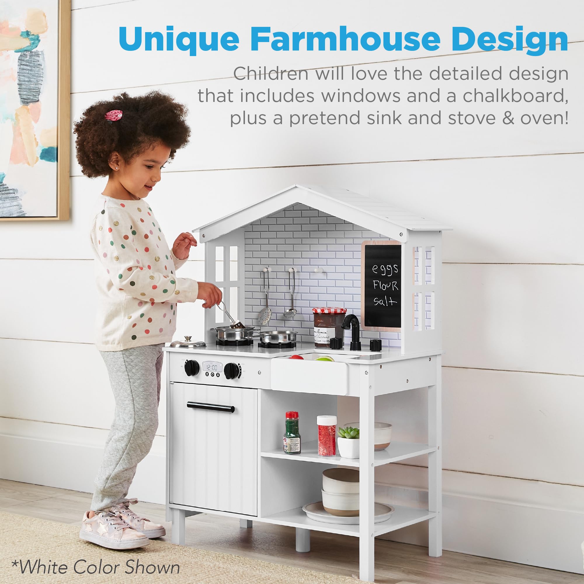 Best Choice Products Wooden Farmhouse Play Kitchen Toy for Kids - Pretend Play Set with Chalkboard, Marble Backdrop, Windows & Storage Shelves (5 Accessories Included) - Beveled Blue - Perfect for Imaginative Play, Birthday Gifts & Preschool Learning Activities