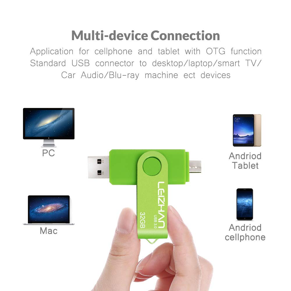 LEIZHAN 32GB USB 3.0 OTG Flash Drive - Dual Port for Android & PC - Green